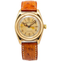 Rolex Oyster Perpetual 3131 Bubbleback 14K YG Champagne Dial Auto Watch 32mm
