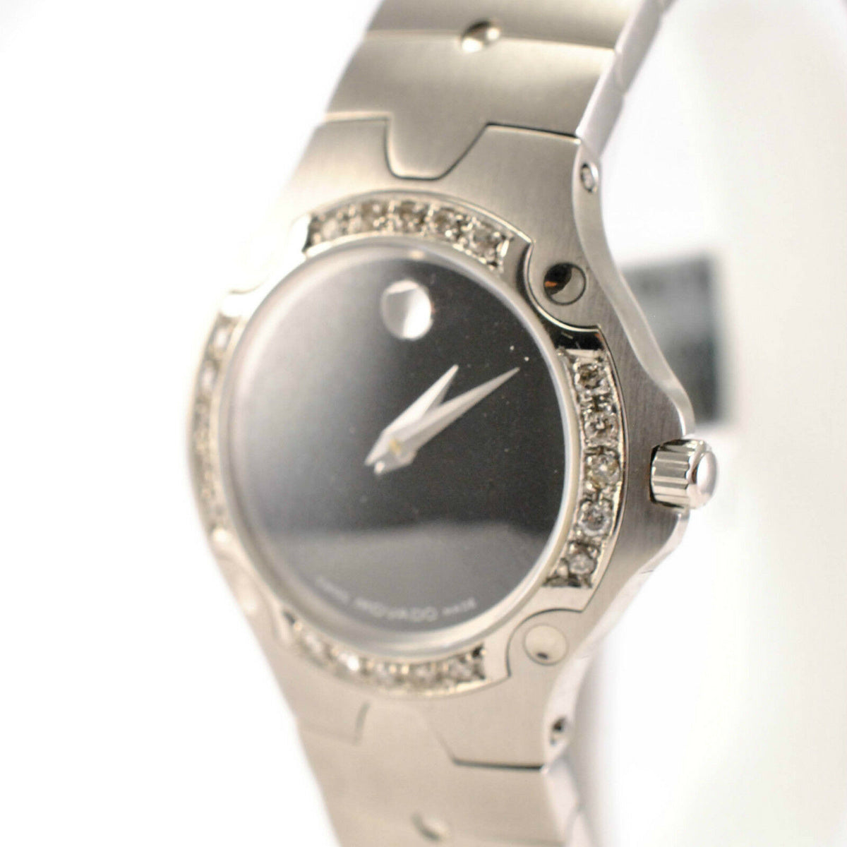 Movado 84 A1 1831 Women's Quartz Watch Stainless Steel Black Dial Diamond Bezel