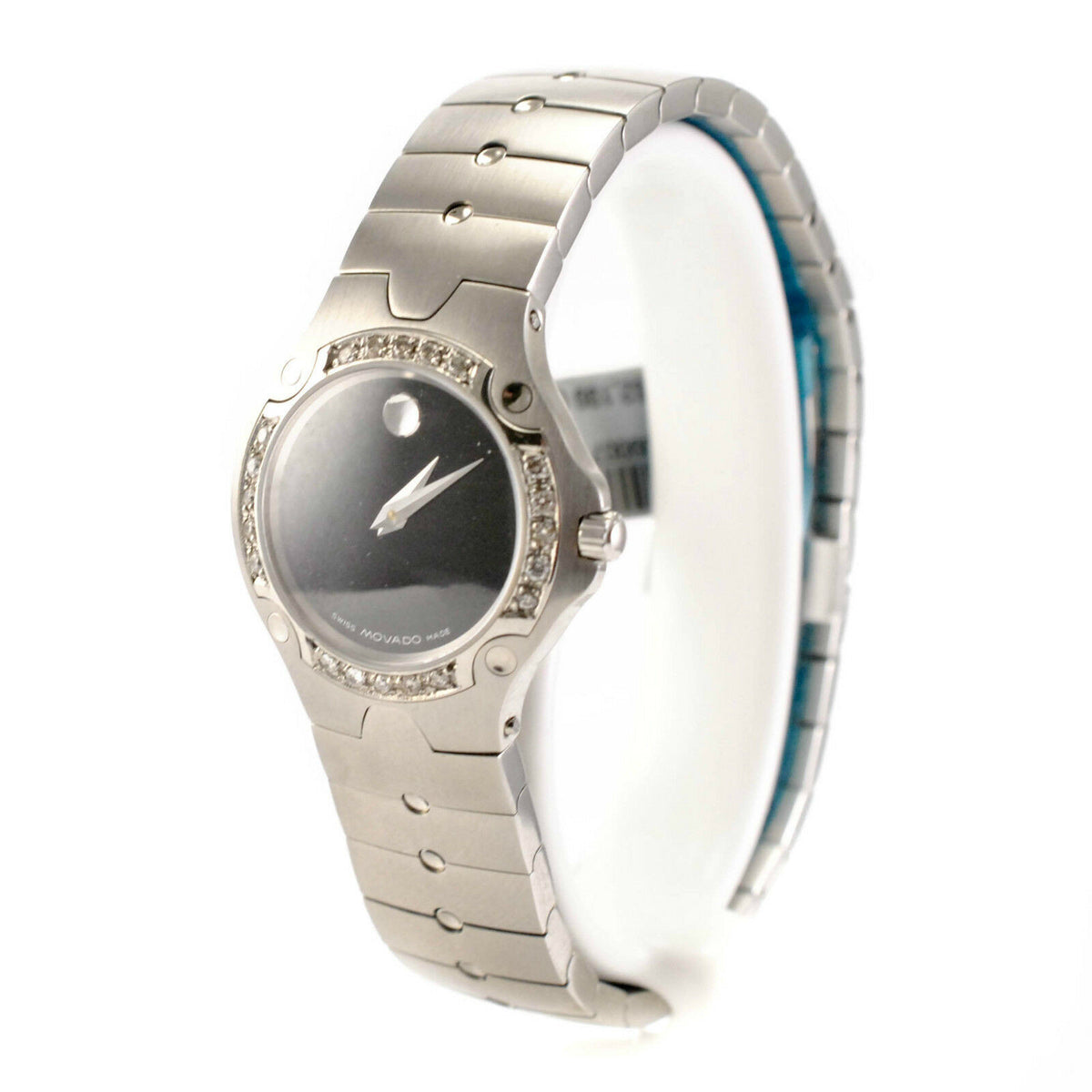 Movado 84 A1 1831 Women's Quartz Watch Stainless Steel Black Dial Diamond Bezel