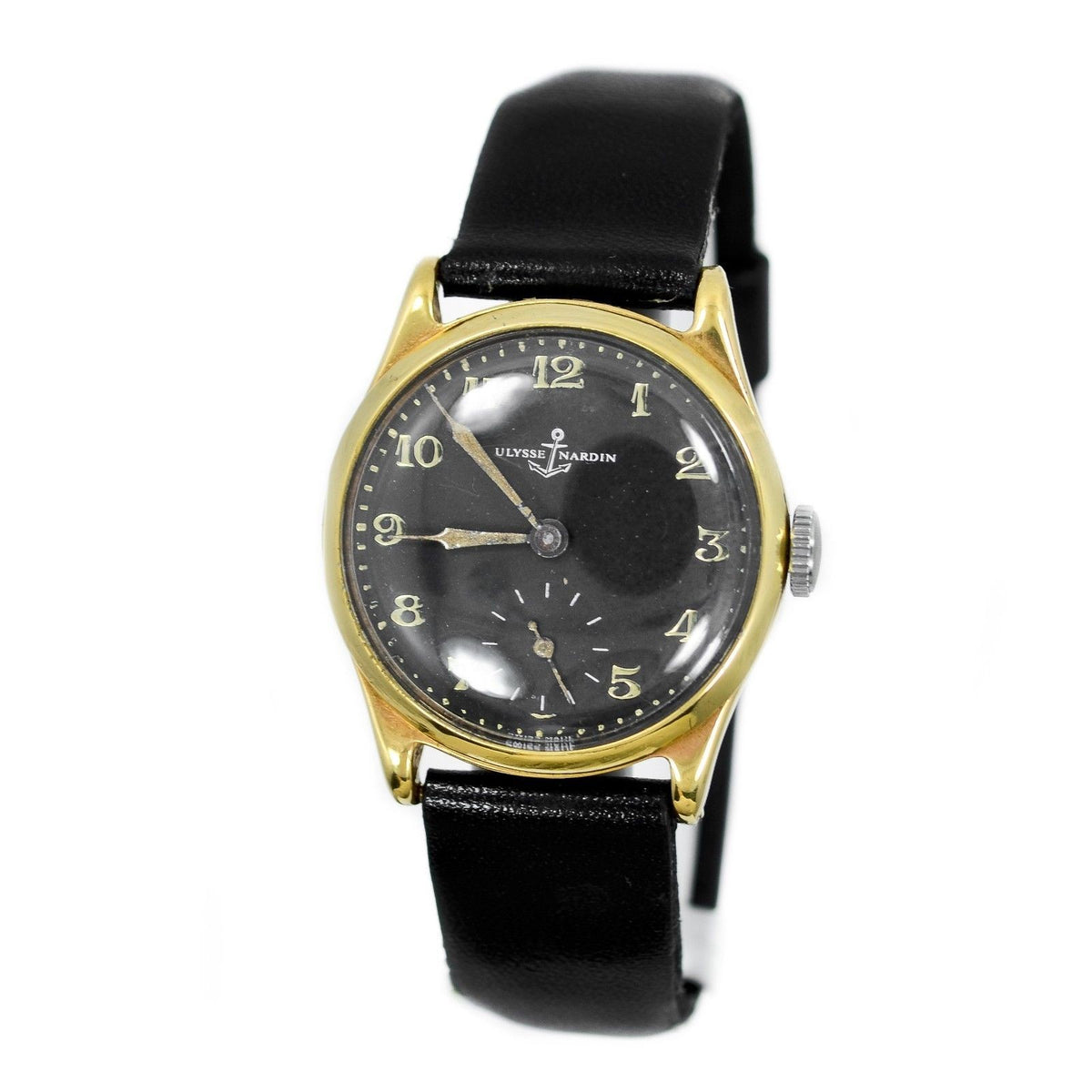 ULYSSE NARDIN VINTAGE  14K GOLD PLATED BLACK DIAL LEATHER MENS WATCH 40MM