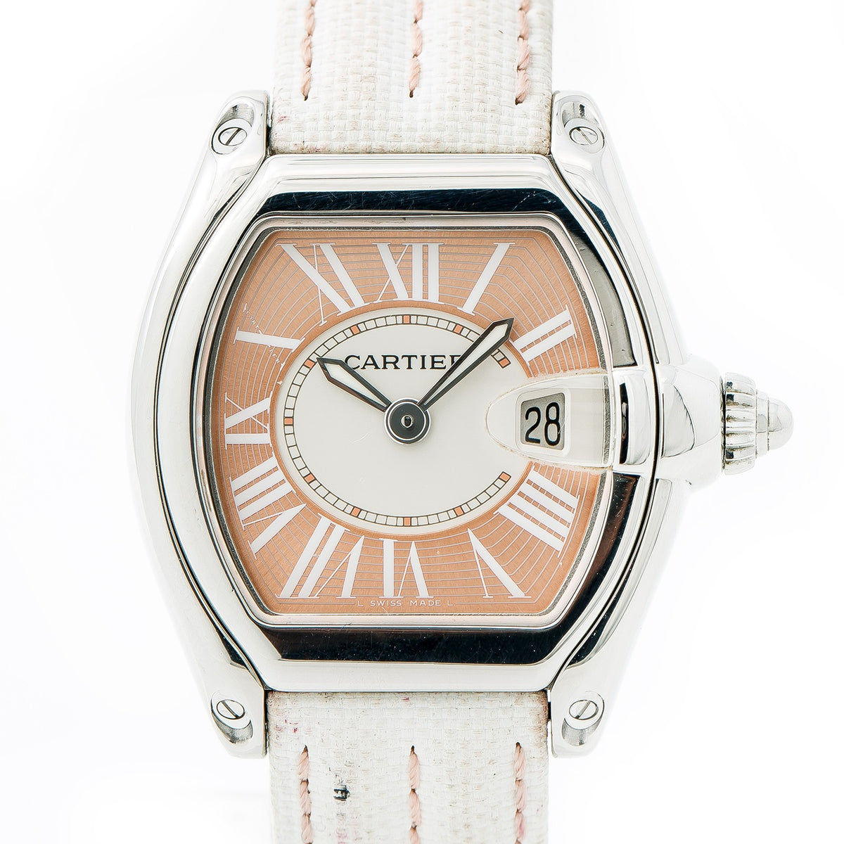 Cartier Roadster 2675 Pink Dial Leather Strap Quartz  Ladies Watch 30mm