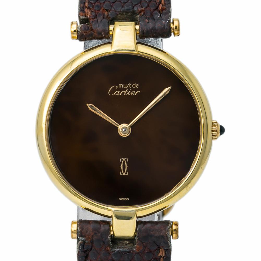 Cartier Must De Vintage Unisex Quartz Watch Gold Plated 925 Rare Wood Dial 30MM