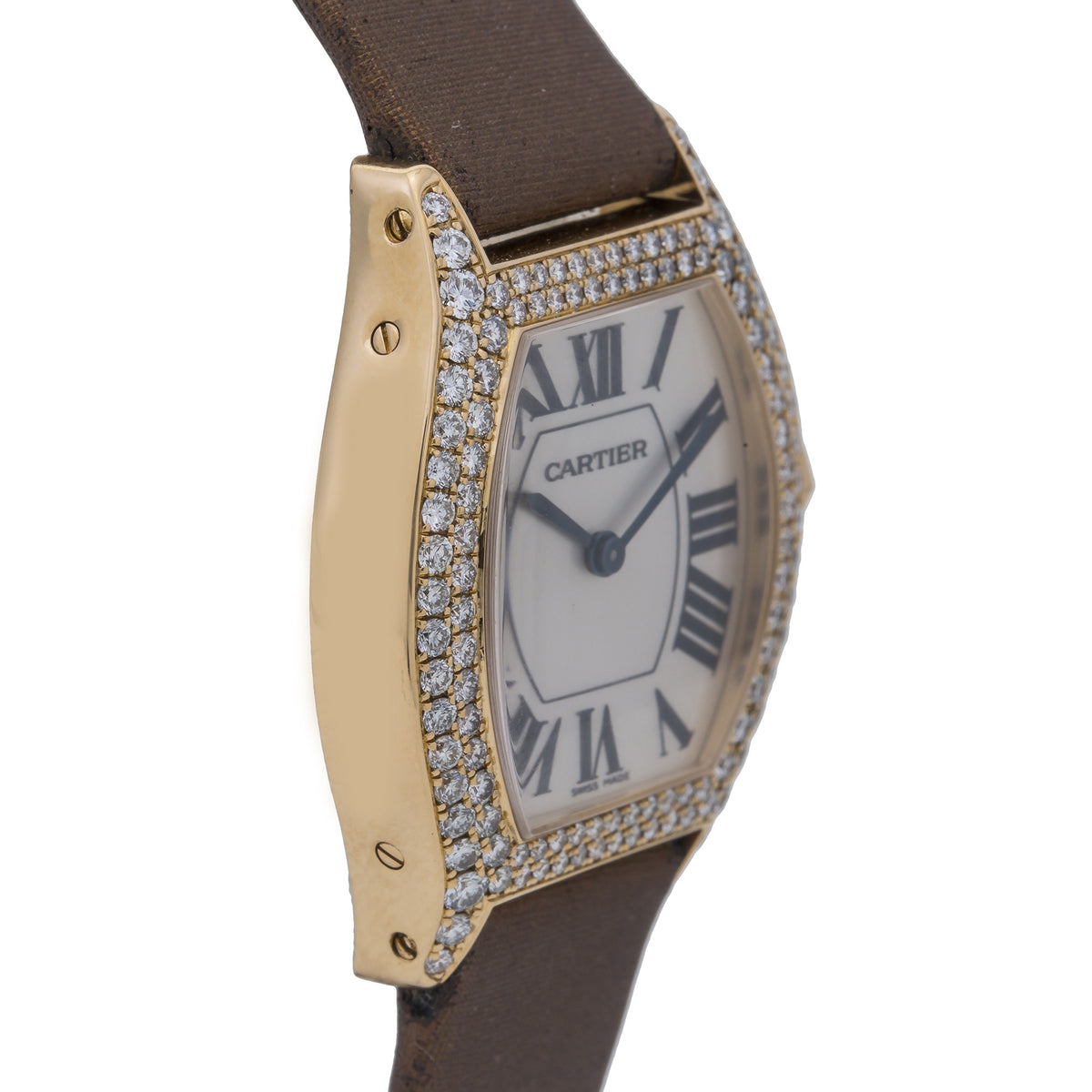 Cartier Tortue WA503751 18k Gold Factory Diamond Bezel Watch 28mm Extra Strap
