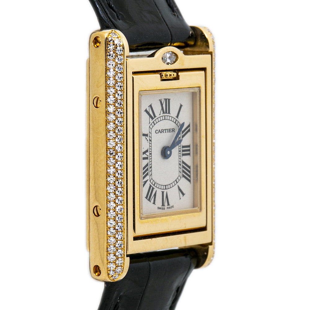 Cartier Tank Basculante 2480 Factory Diamond 18K Gold Ladies 22mm Box&Papers