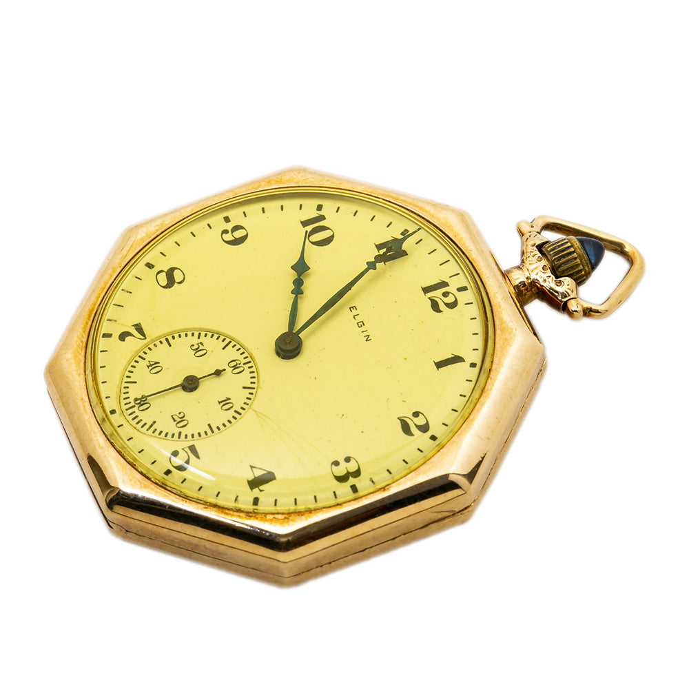 Elgin 25141181 Vintage 14K Yellow Gold Octagon Pocket Watch 43mm 54.7g in Total