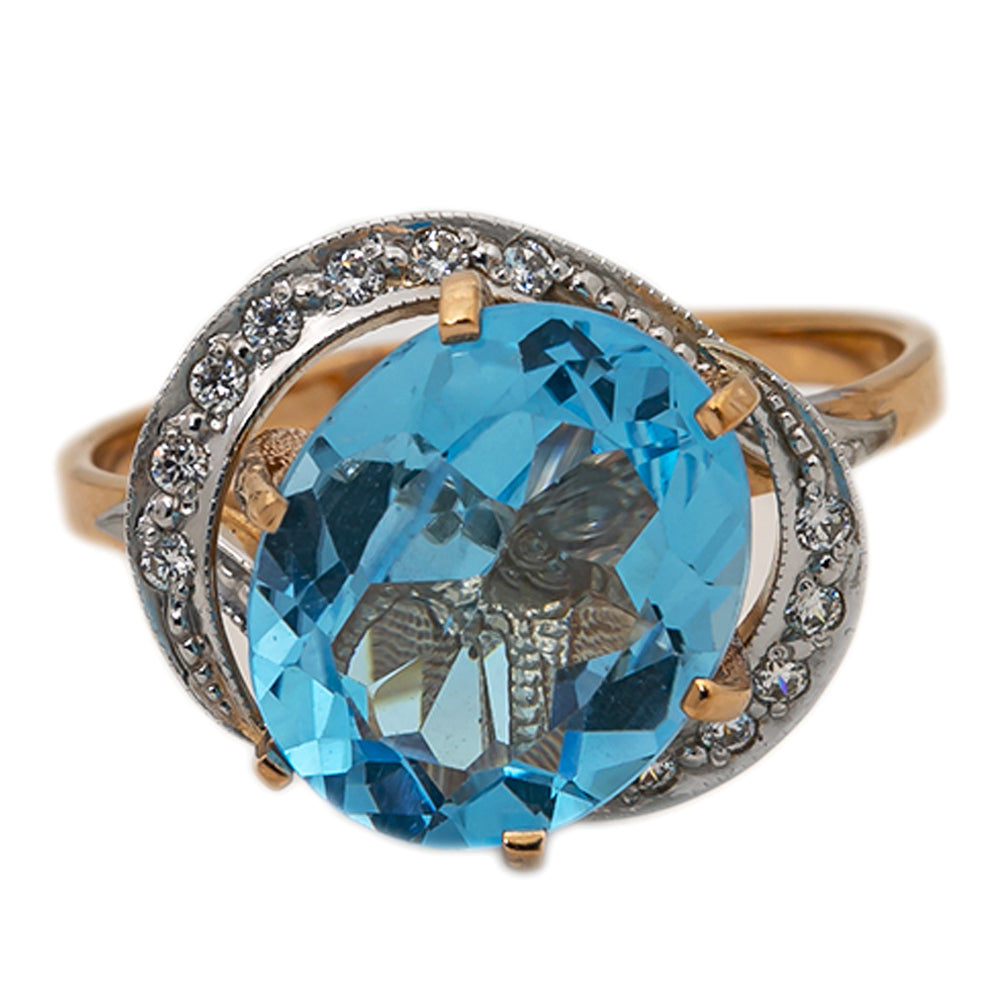 14K Yellow Gold with Blue Topaz and Diamond Ring 4.7 Grams Size 7.25