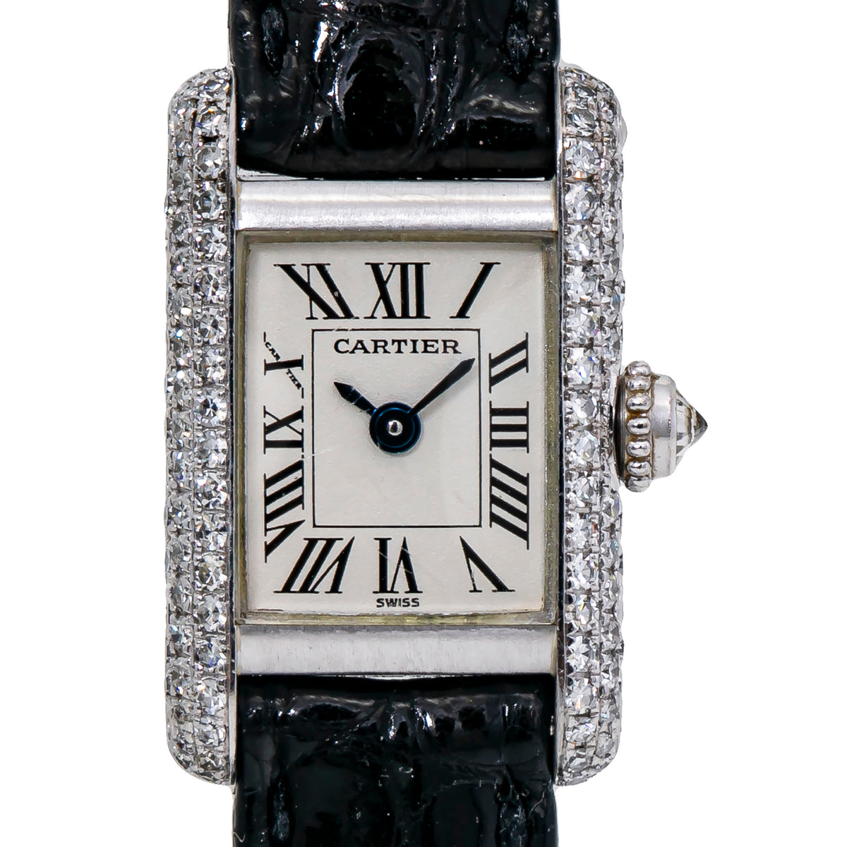 Cartier Tank Quartz 1370 1 Factory Diamond 18K White Gold Ladies Watch 16mm