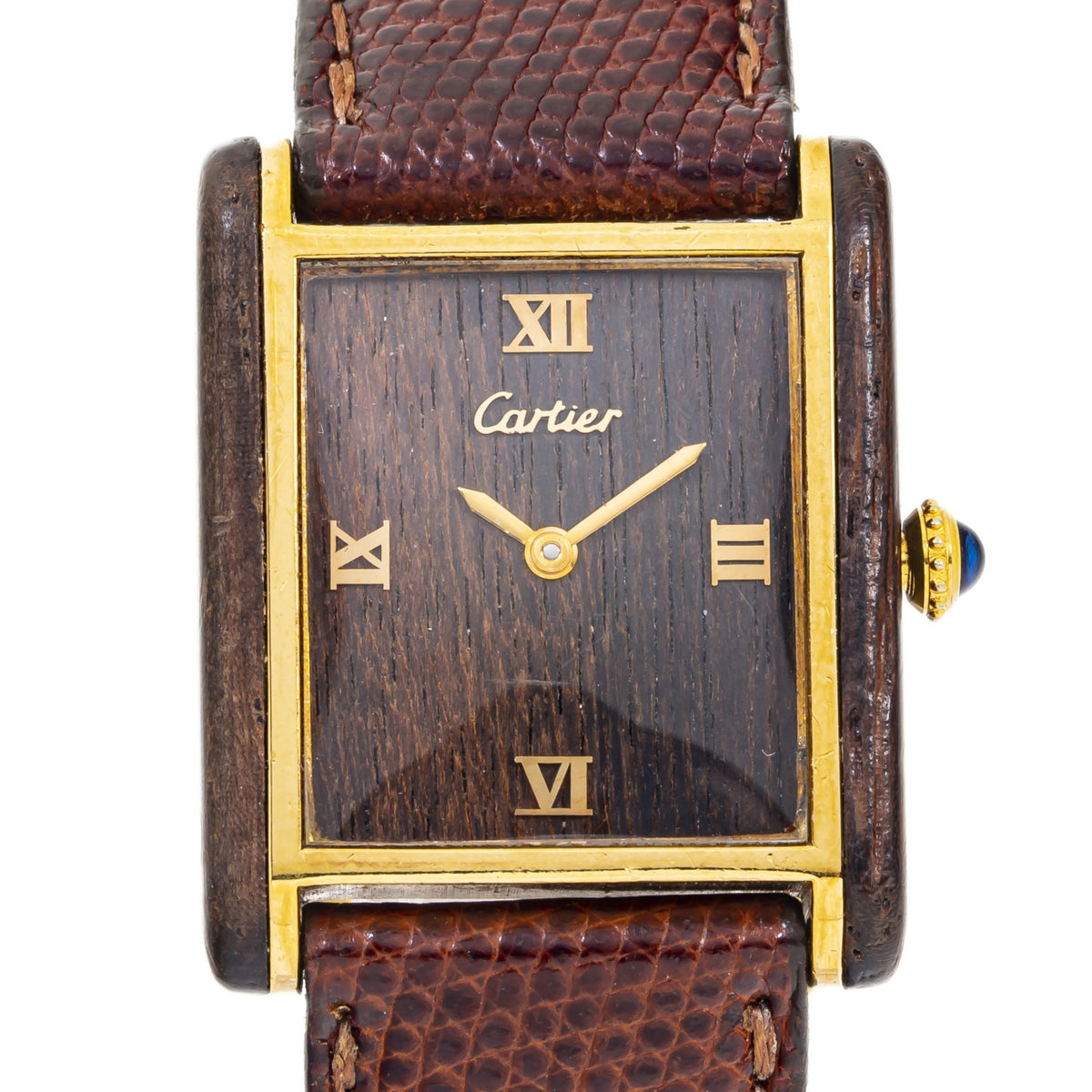 Cartier Tank Vintage Men's Mechanical Watch Brown Wood Dial Gold Plated 23x29mm
