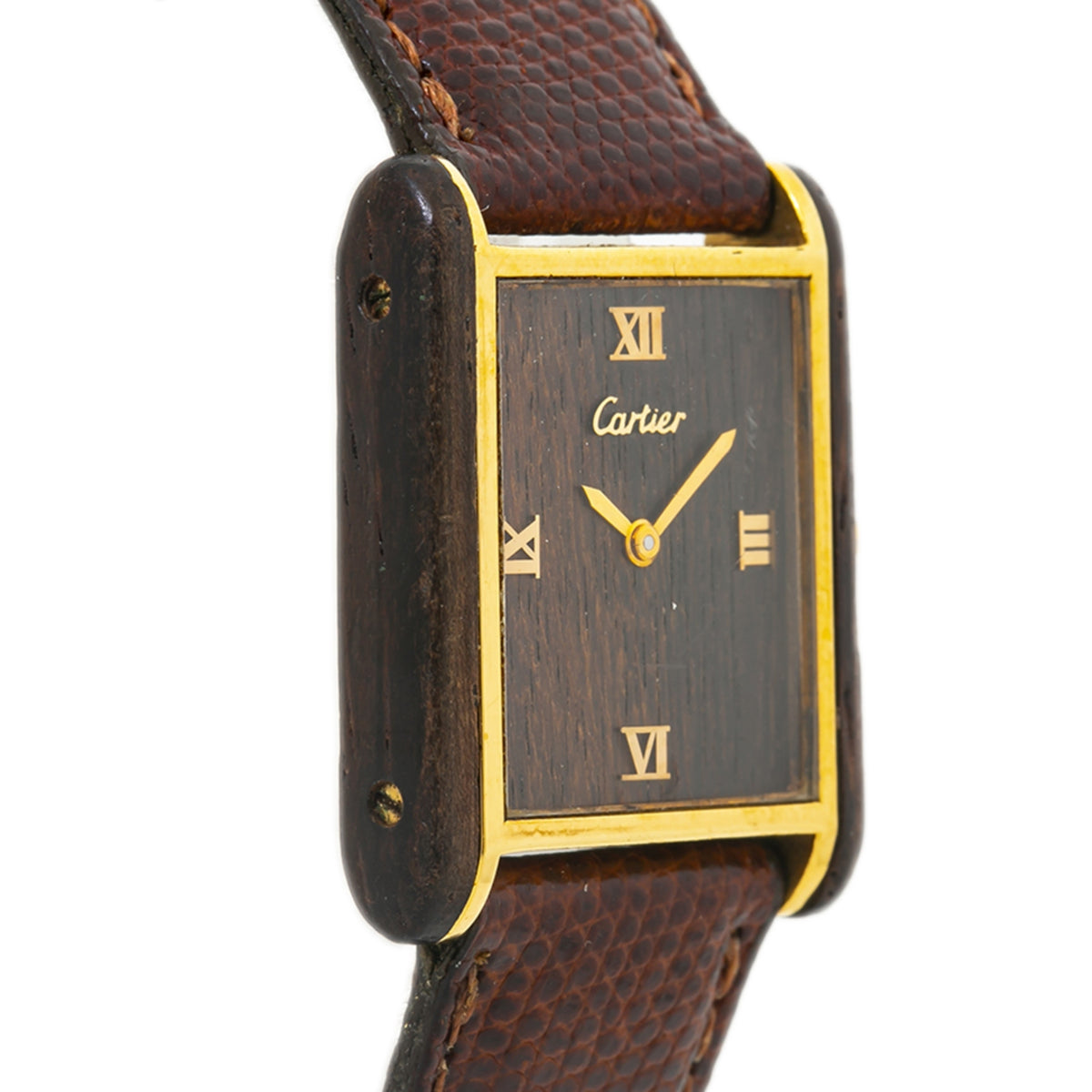 Cartier Tank Vintage Men's Mechanical Watch Brown Wood Dial Gold Plated 23x29mm