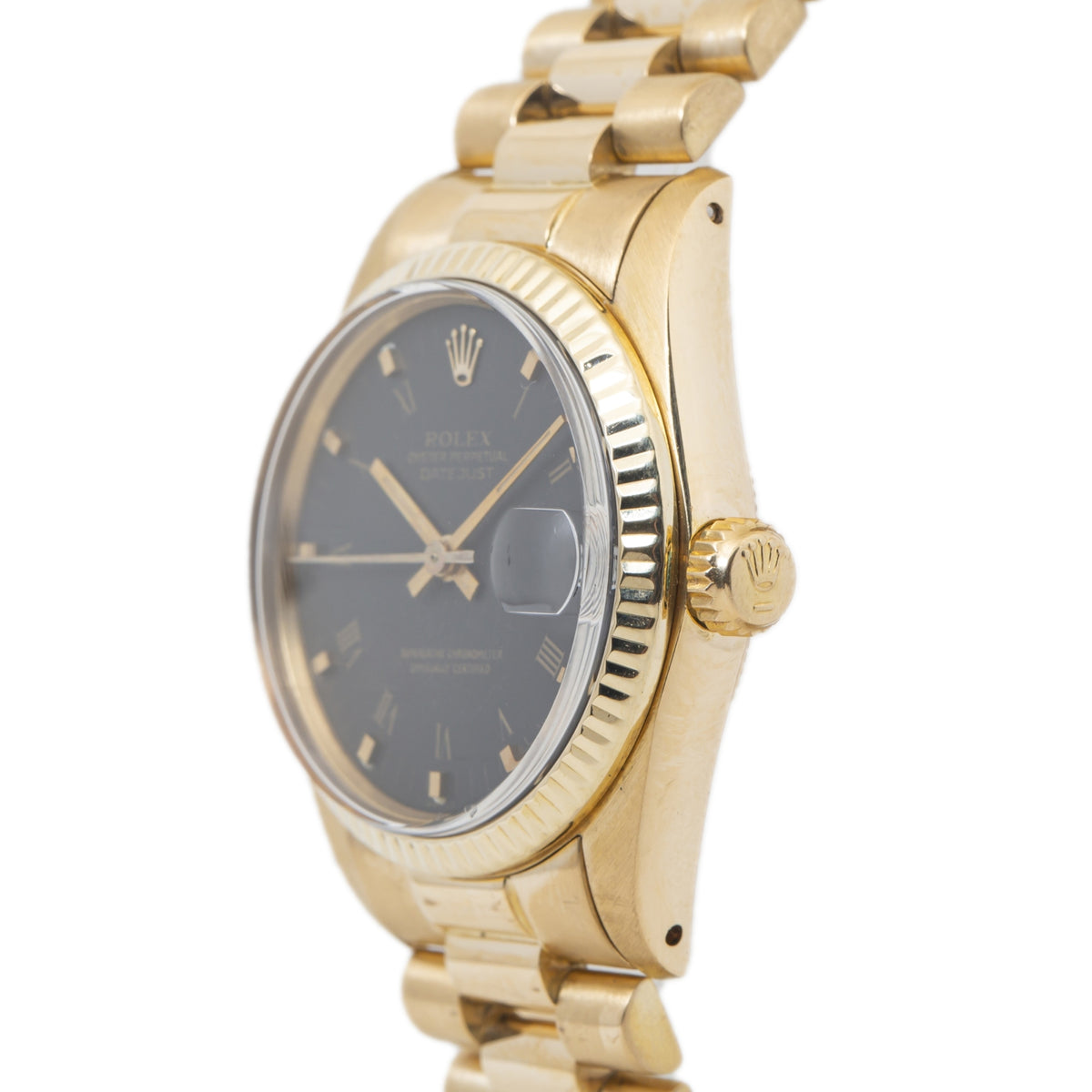 Rolex Datejust 6824 18k Yellow Gold President Black Matte Roman Dial Watch 31mm