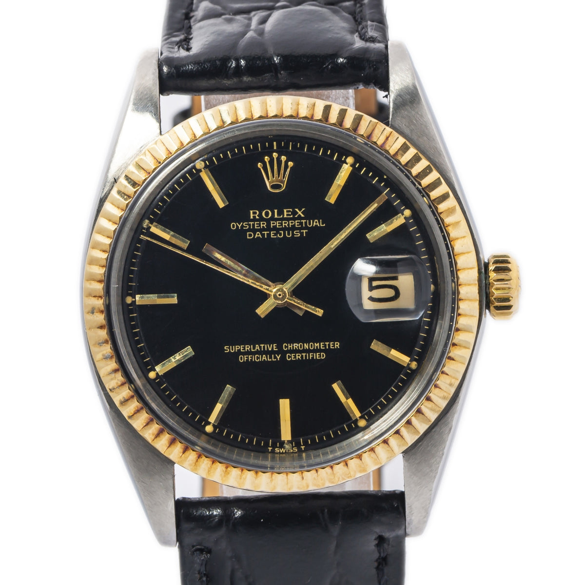 Rolex Datejust 1601 RARE Gilt Black Dial 18k Yellow Steel Auto Men's Watch 36mm