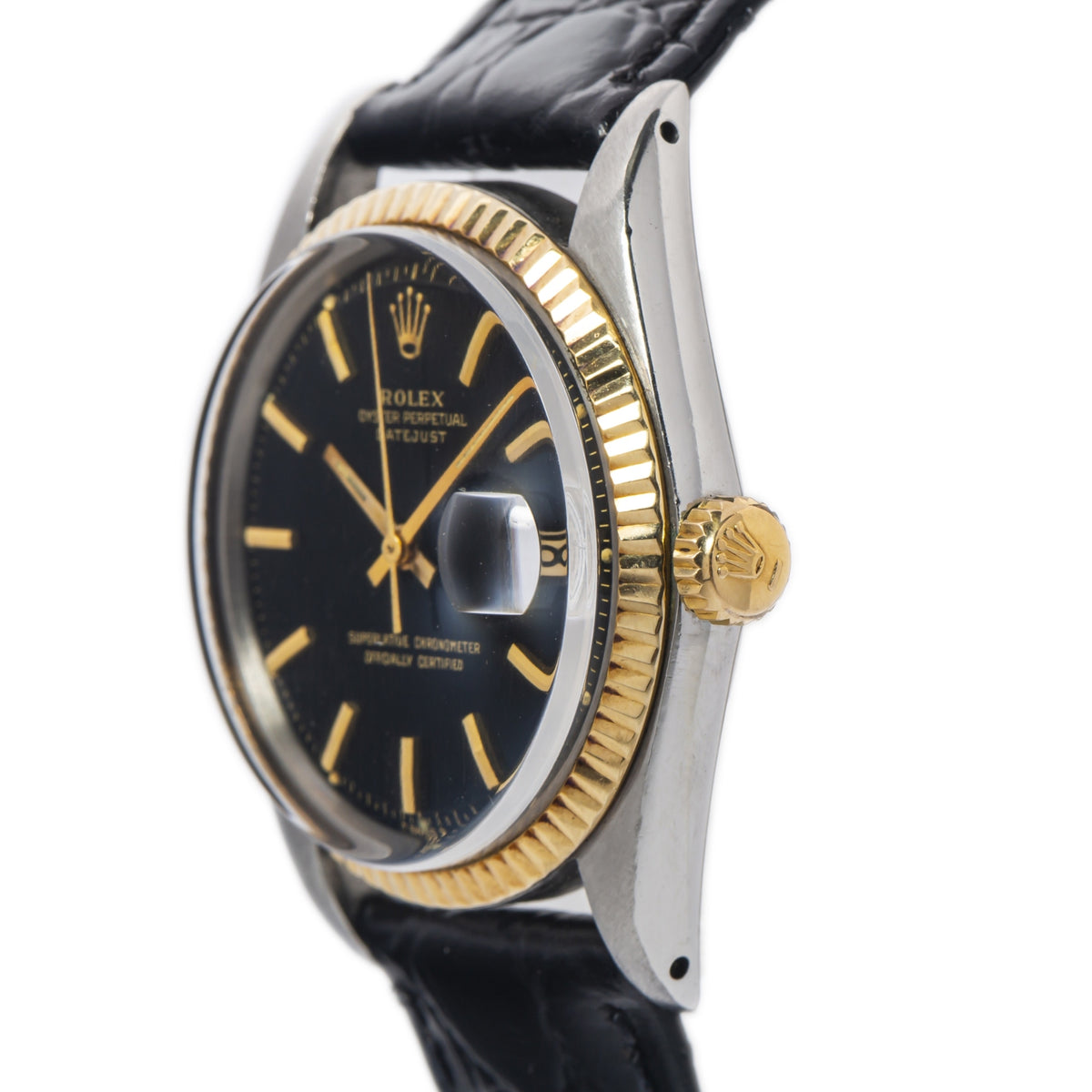 Rolex Datejust 1601 RARE Gilt Black Dial 18k Yellow Steel Auto Men's Watch 36mm