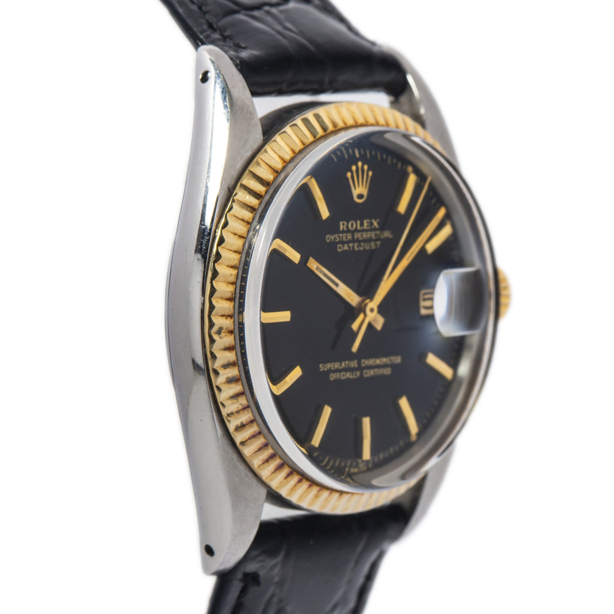 Rolex Datejust 1601 RARE Gilt Black Dial 18k Yellow Steel Auto Men's Watch 36mm