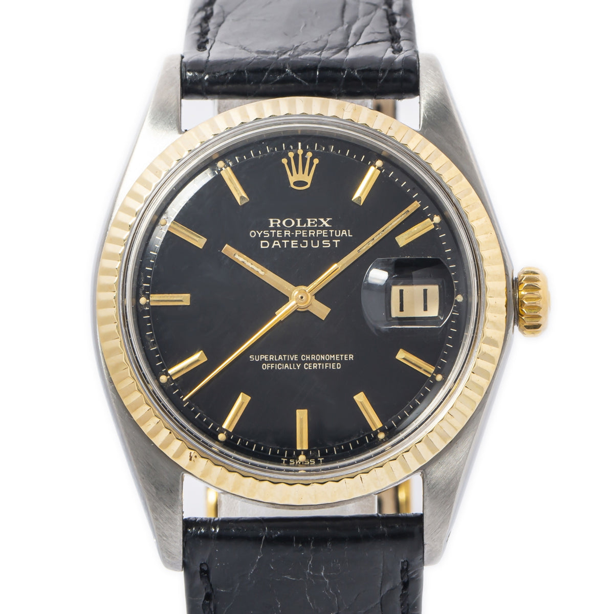 Rolex Datejust 1601 RARE Gilt Black Dial 18k Fluted Bezel Automatic Watch 36mm