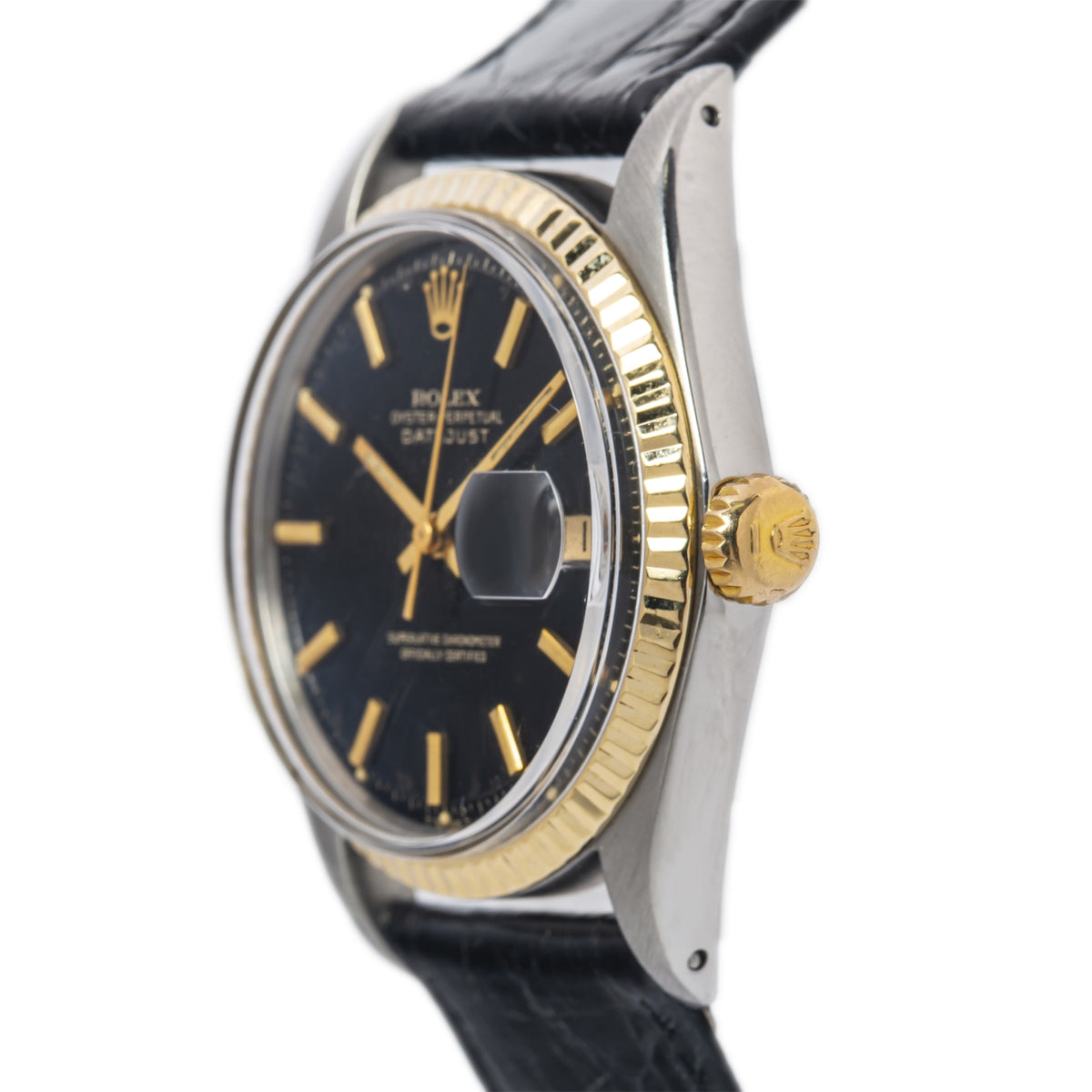 Rolex Datejust 1601 RARE Gilt Black Dial 18k Fluted Bezel Automatic Watch 36mm