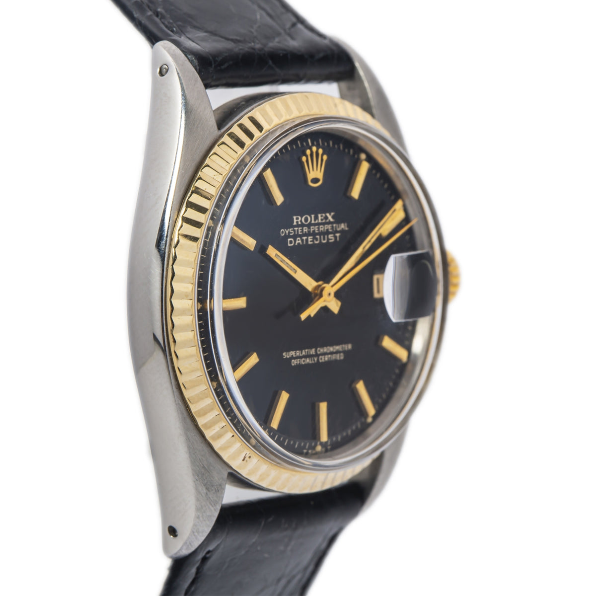 Rolex Datejust 1601 RARE Gilt Black Dial 18k Fluted Bezel Automatic Watch 36mm