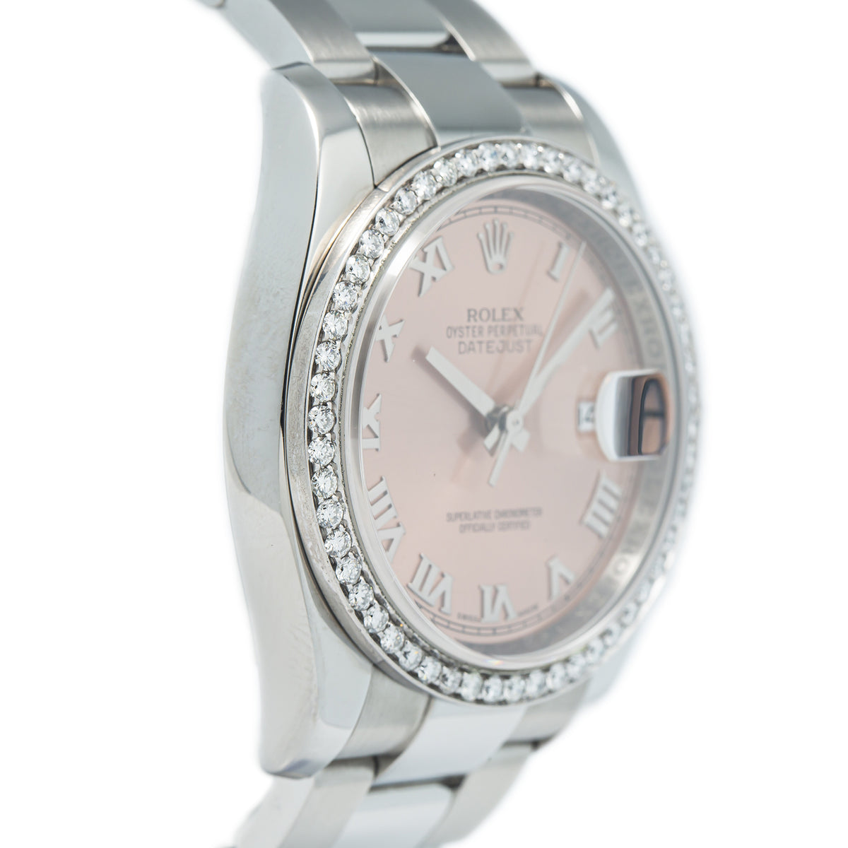 Rolex Datejust 116200 Steel Oyster Salmon Roman Dial Diamond Bezel Watch 36mm