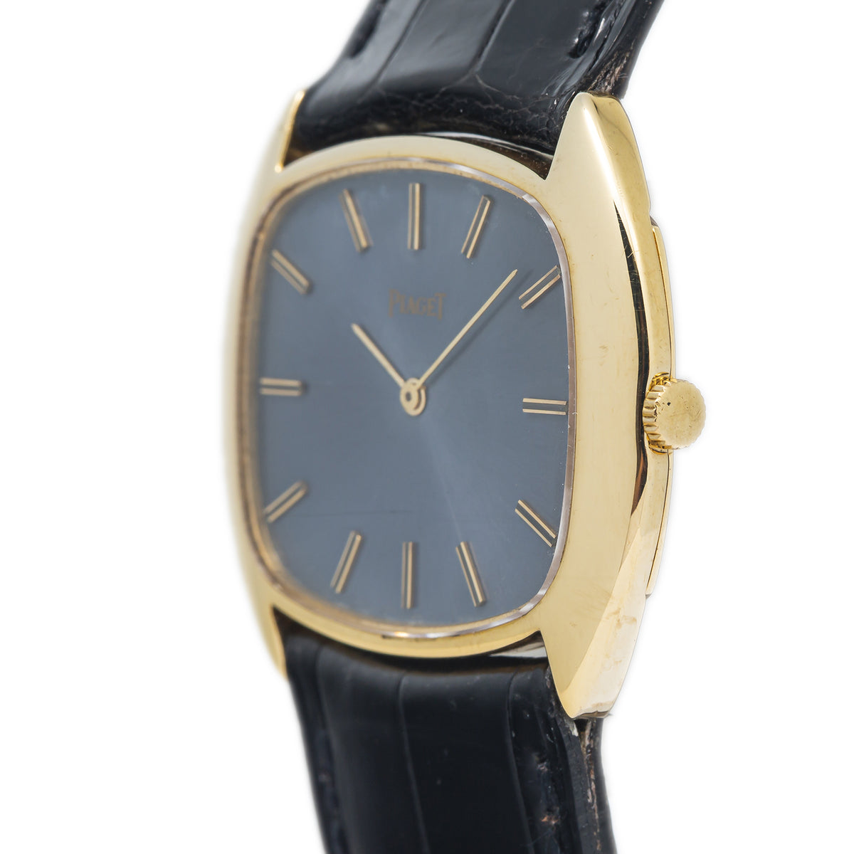 Piaget Vintage 9582 1970s 18k Yellow Gold Blue Satin Dial Manual Watch 32x29mm