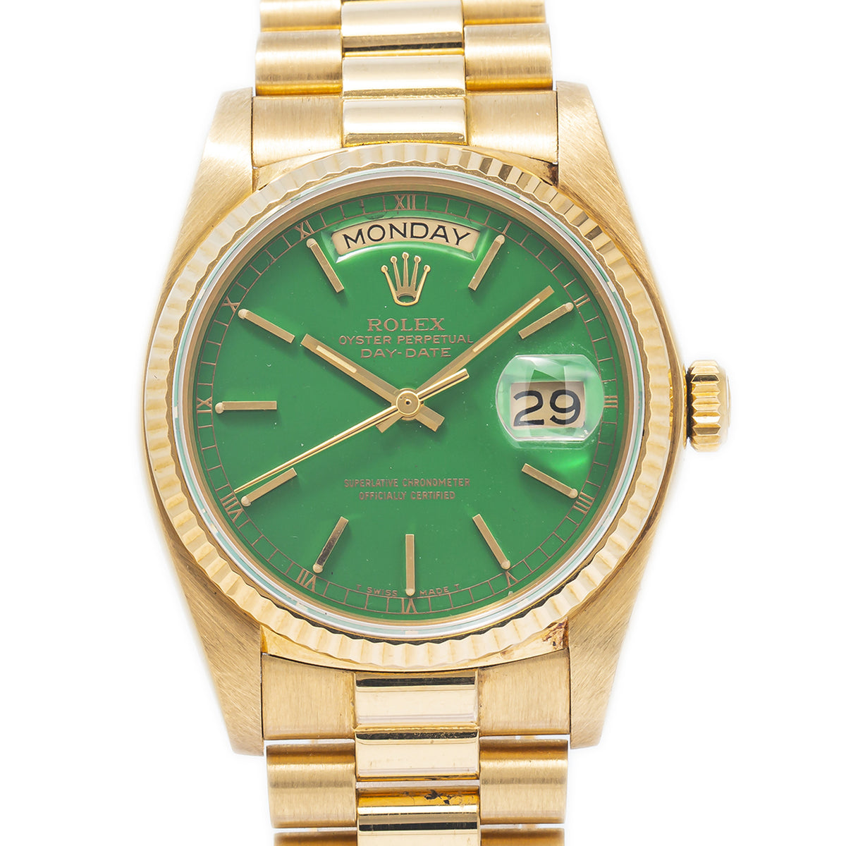 Rolex Day-Date 18038 18k Yellow Gold President Green Stella Dial Mens Watch 36mm