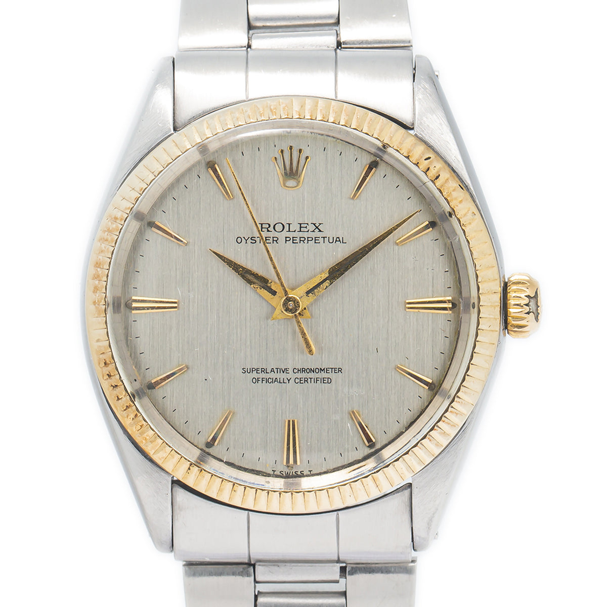 Rolex Oyster Perpetual 1005 W/Papers 14k Gold Bezel Silver Dial Watch 34mm