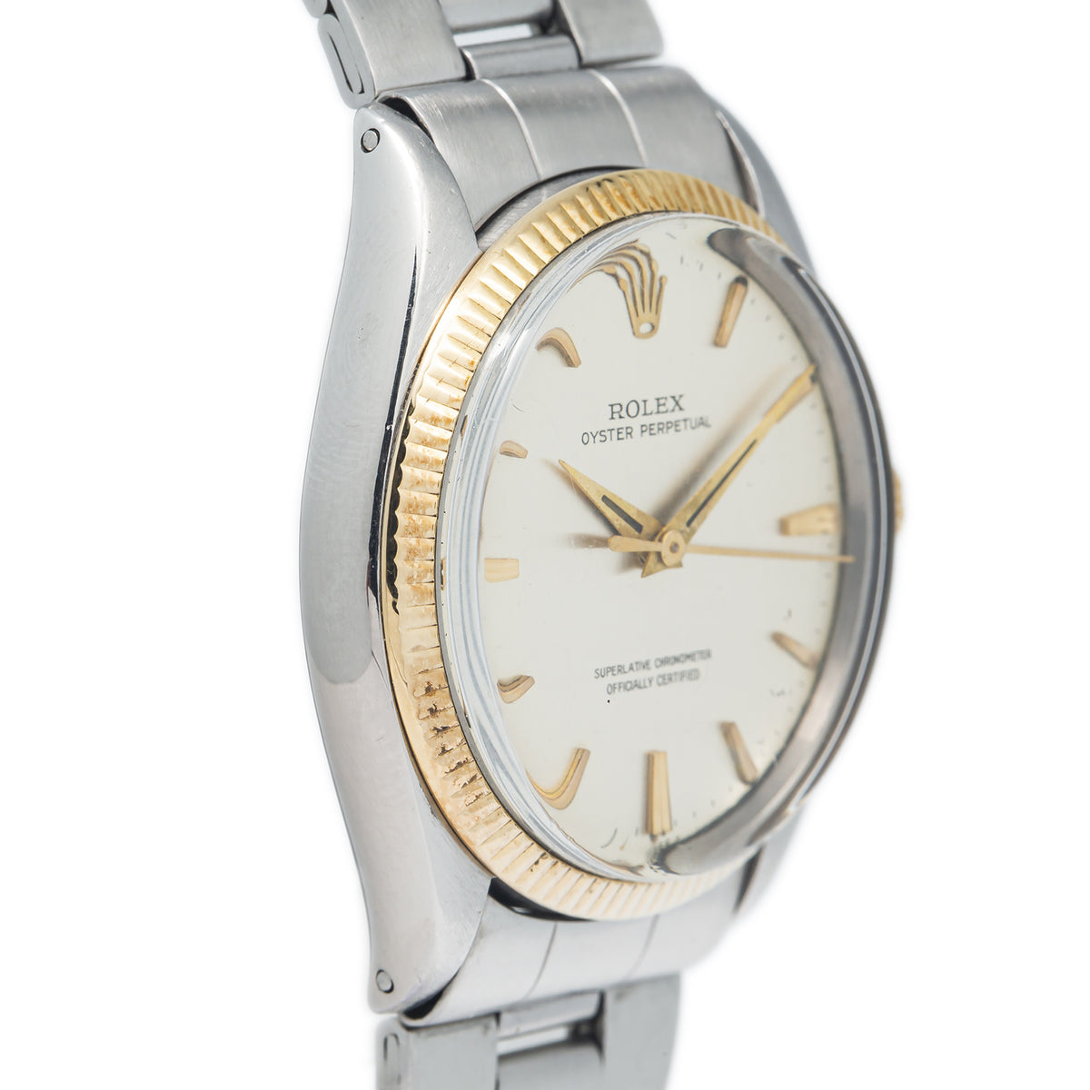 Rolex Oyster Perpetual 1005 W/Papers 14k Gold Bezel Silver Dial Watch 34mm