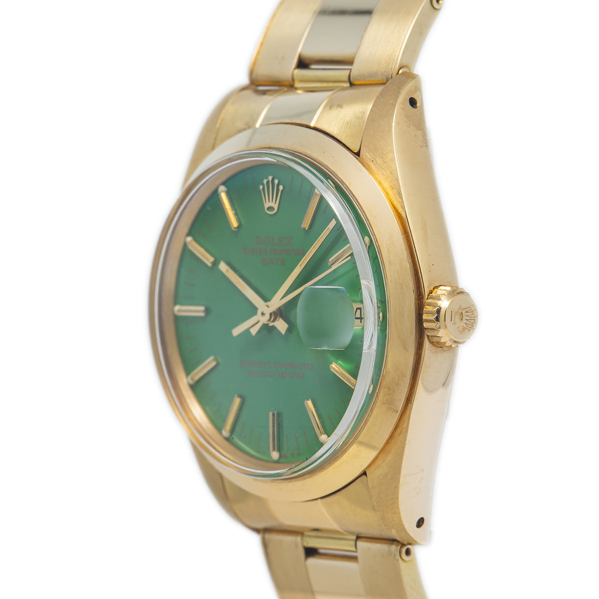 Rolex Date 1500 Unpolished 18k YG Oyster Stella Green Dial Auto Men's Watch 34mm