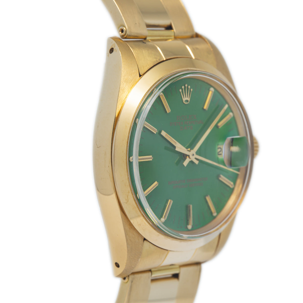 Rolex Date 1500 Unpolished 18k YG Oyster Stella Green Dial Auto Men's Watch 34mm