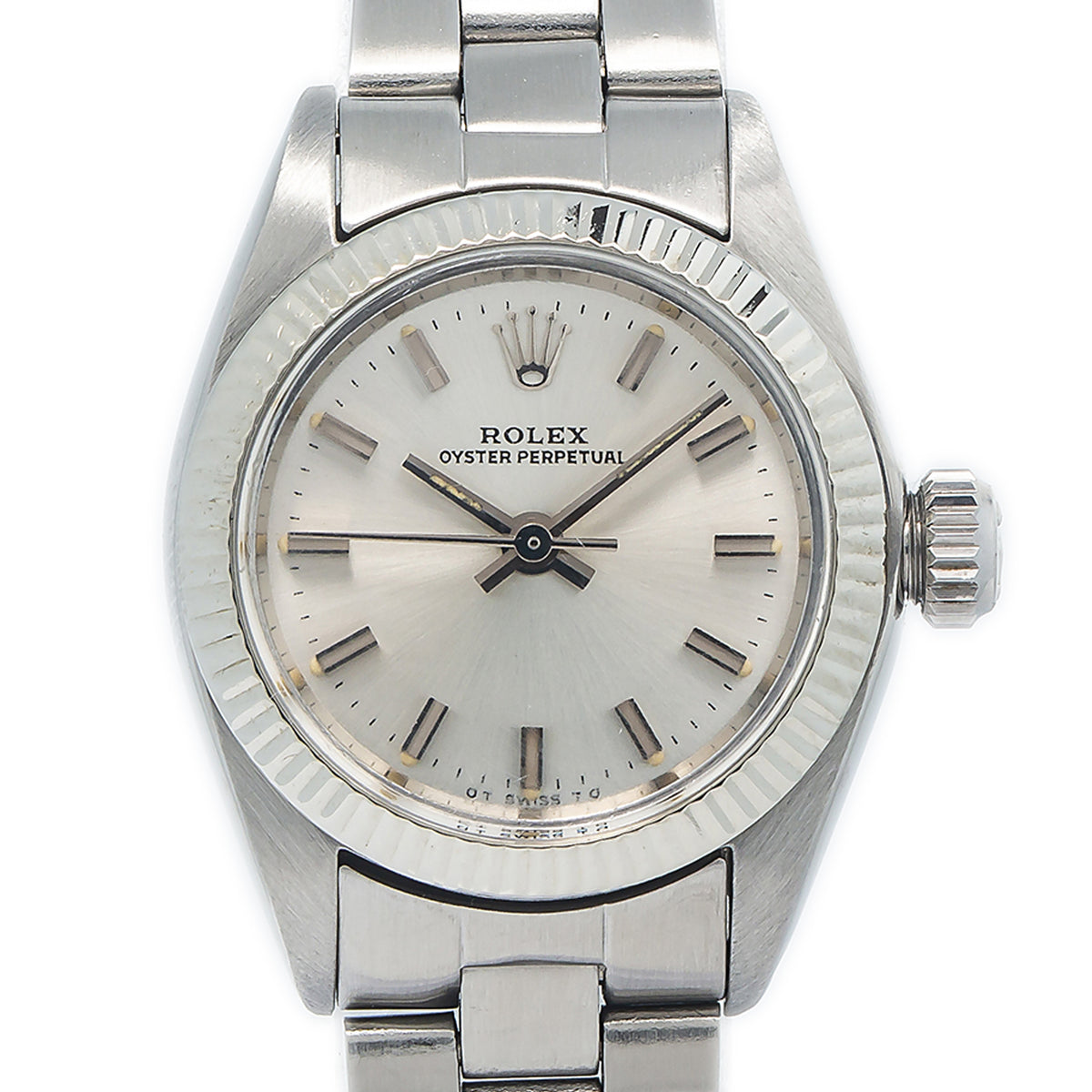 Rolex Oyster Perpetual 6719 Fluted White Gold Bezel Silver Dial Lady Watch 26mm