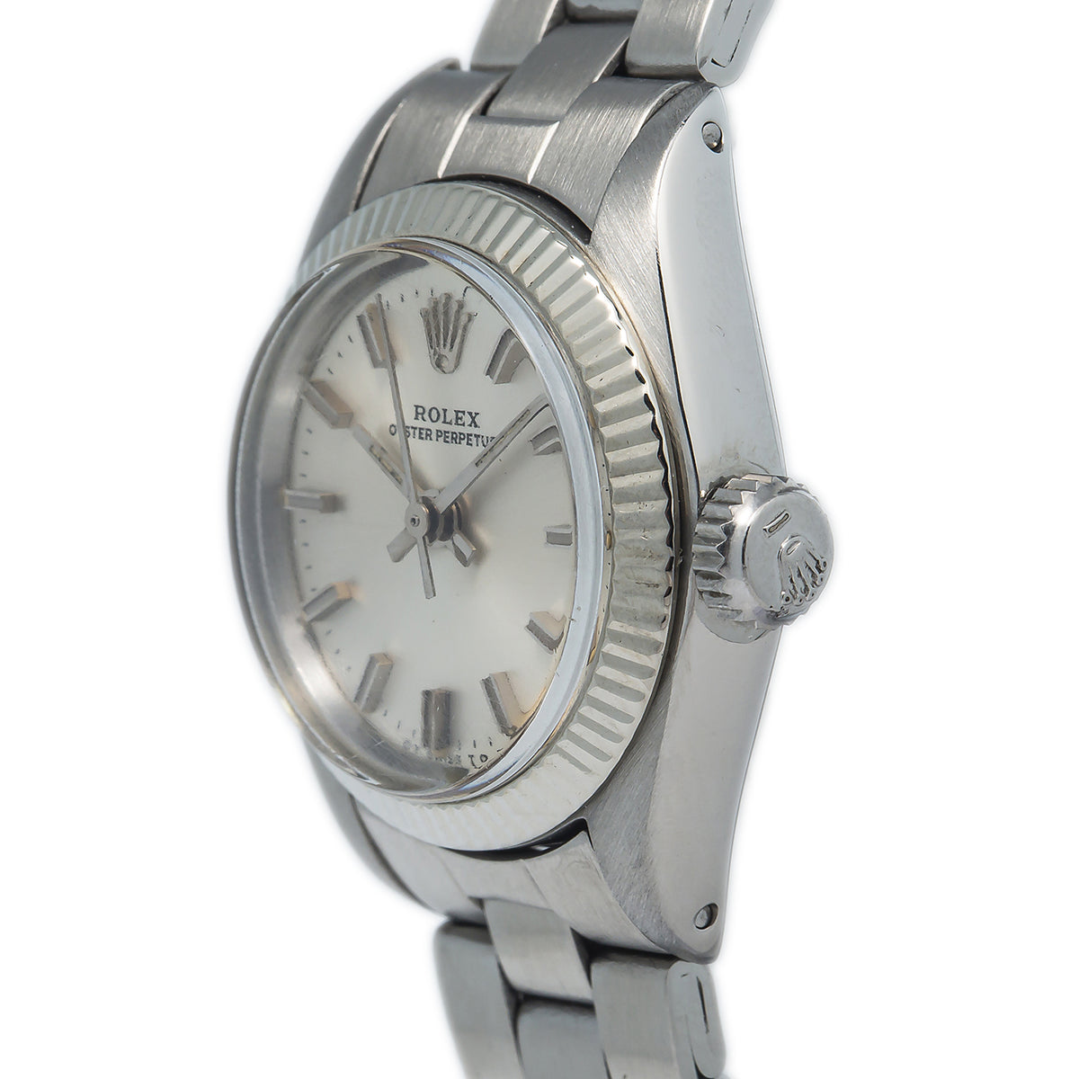 Rolex Oyster Perpetual 6719 Fluted White Gold Bezel Silver Dial Lady Watch 26mm