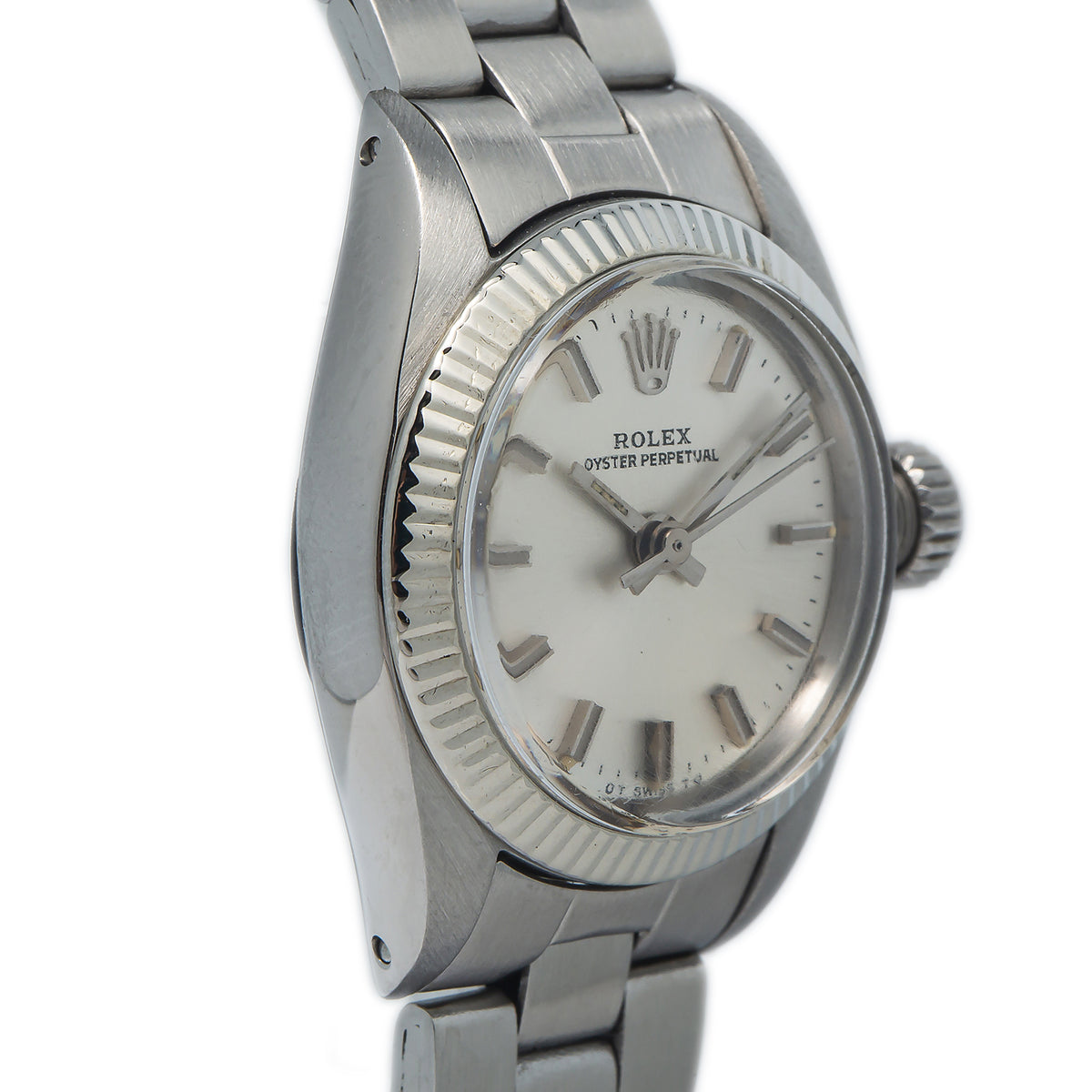 Rolex Oyster Perpetual 6719 Fluted White Gold Bezel Silver Dial Lady Watch 26mm