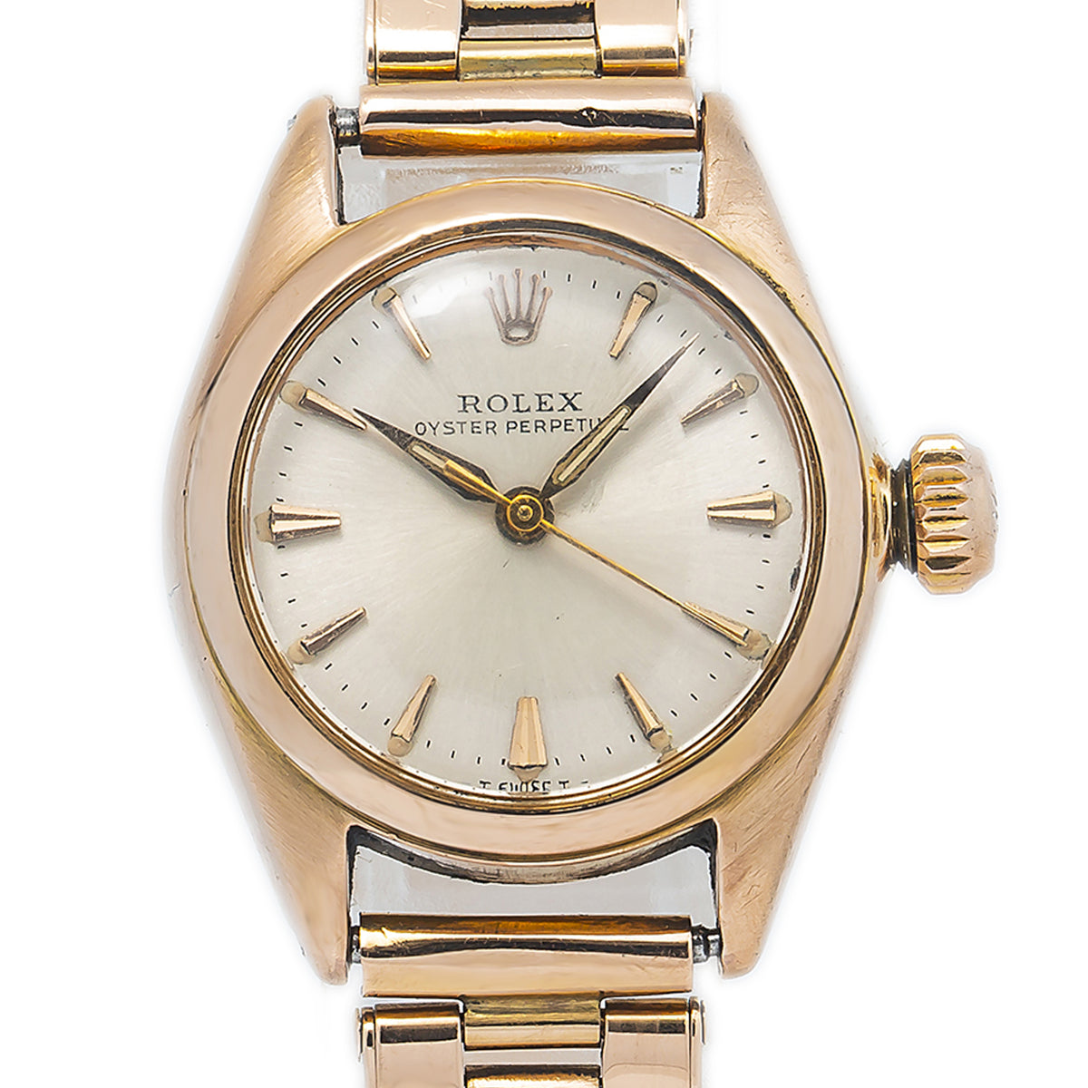 Rolex Oyster Perpetual RARE 5002 18k Rose Gold Silver Dial Ladies 24mm Watch