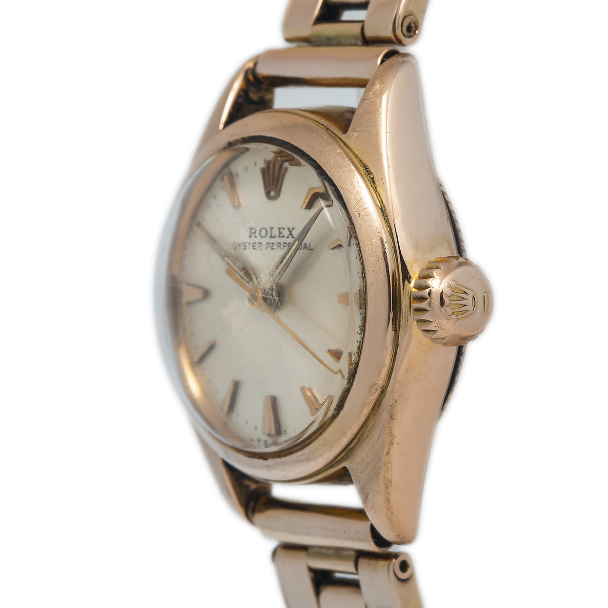 Rolex Oyster Perpetual RARE 5002 18k Rose Gold Silver Dial Ladies 24mm Watch