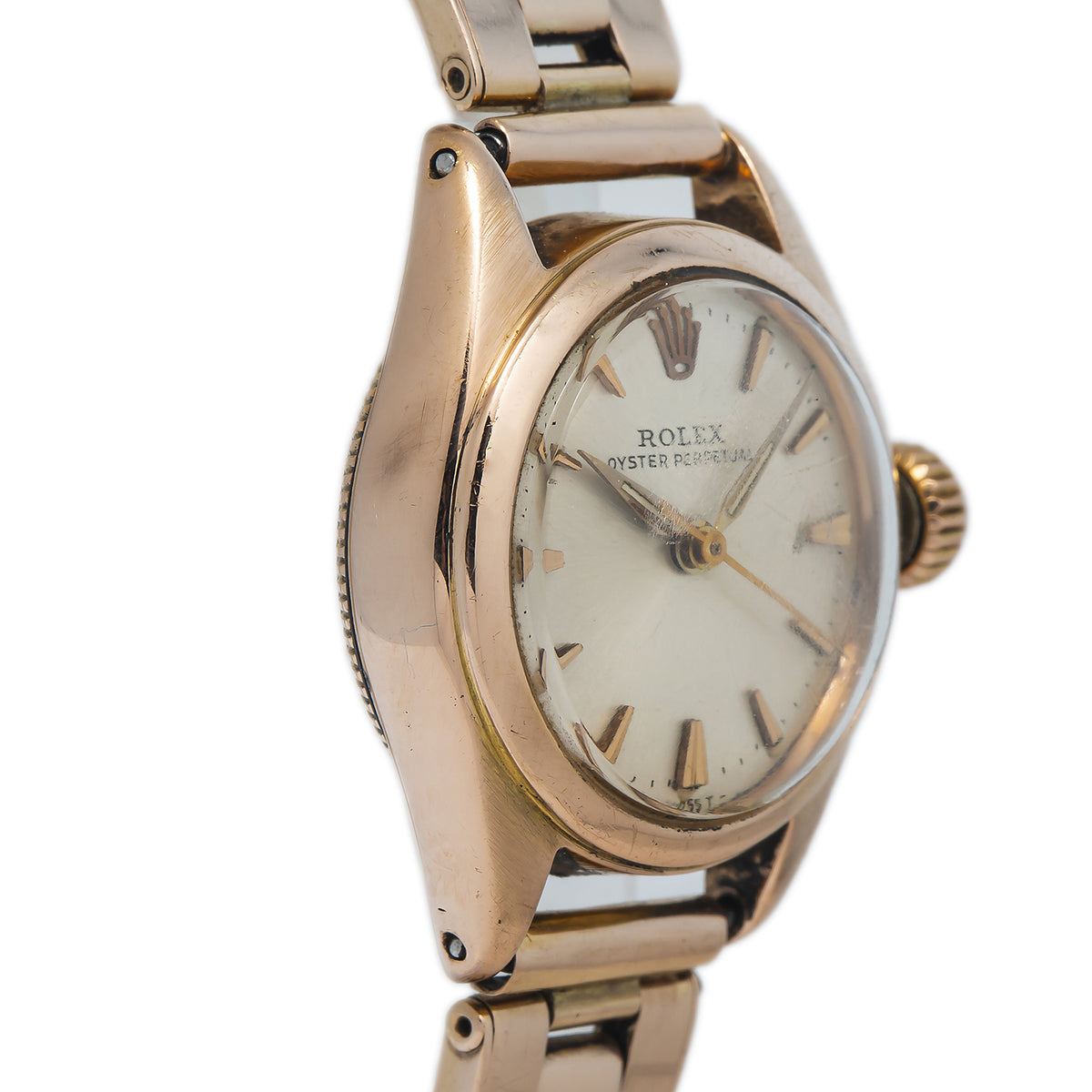 Rolex Oyster Perpetual RARE 5002 18k Rose Gold Silver Dial Ladies 24mm Watch