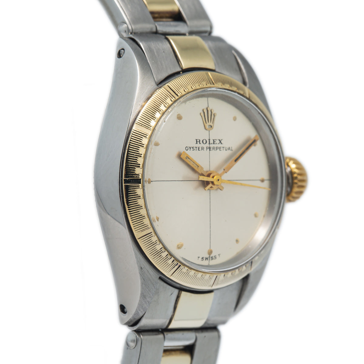 Rolex Oyster Perpetual 6804 14k YG Two Tone Silver Zephyr Dial Ladies Watch 26mm