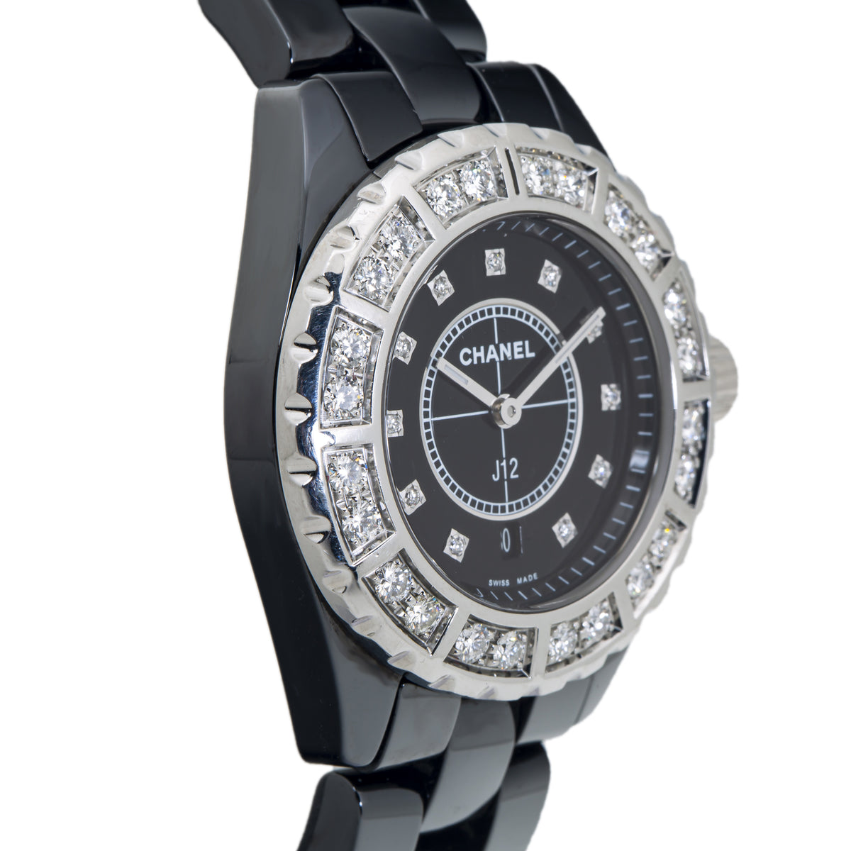 Chanel J12 H2428 Ceramic Black Diamonds Dial Quartz Ladies Watch 38mm