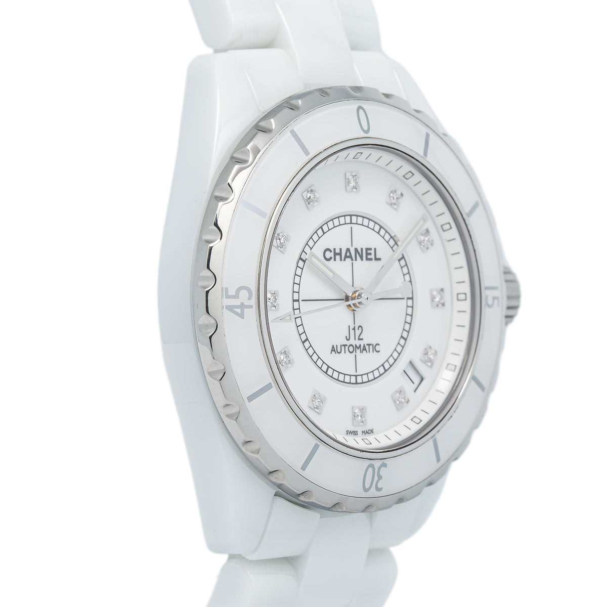 Chanel J12 H1629 White Ceramic Factory Diamond Date Ladie's Automatic Watch 38mm