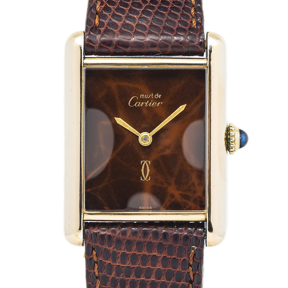 Cartier Tank Vintage Mens Mechanical Watch Wood Dial 925 Gold Plated 23x30mm