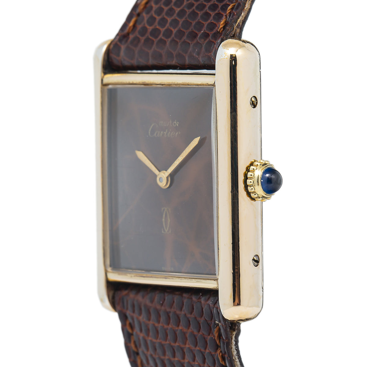 Cartier Tank Vintage Mens Mechanical Watch Wood Dial 925 Gold Plated 23x30mm