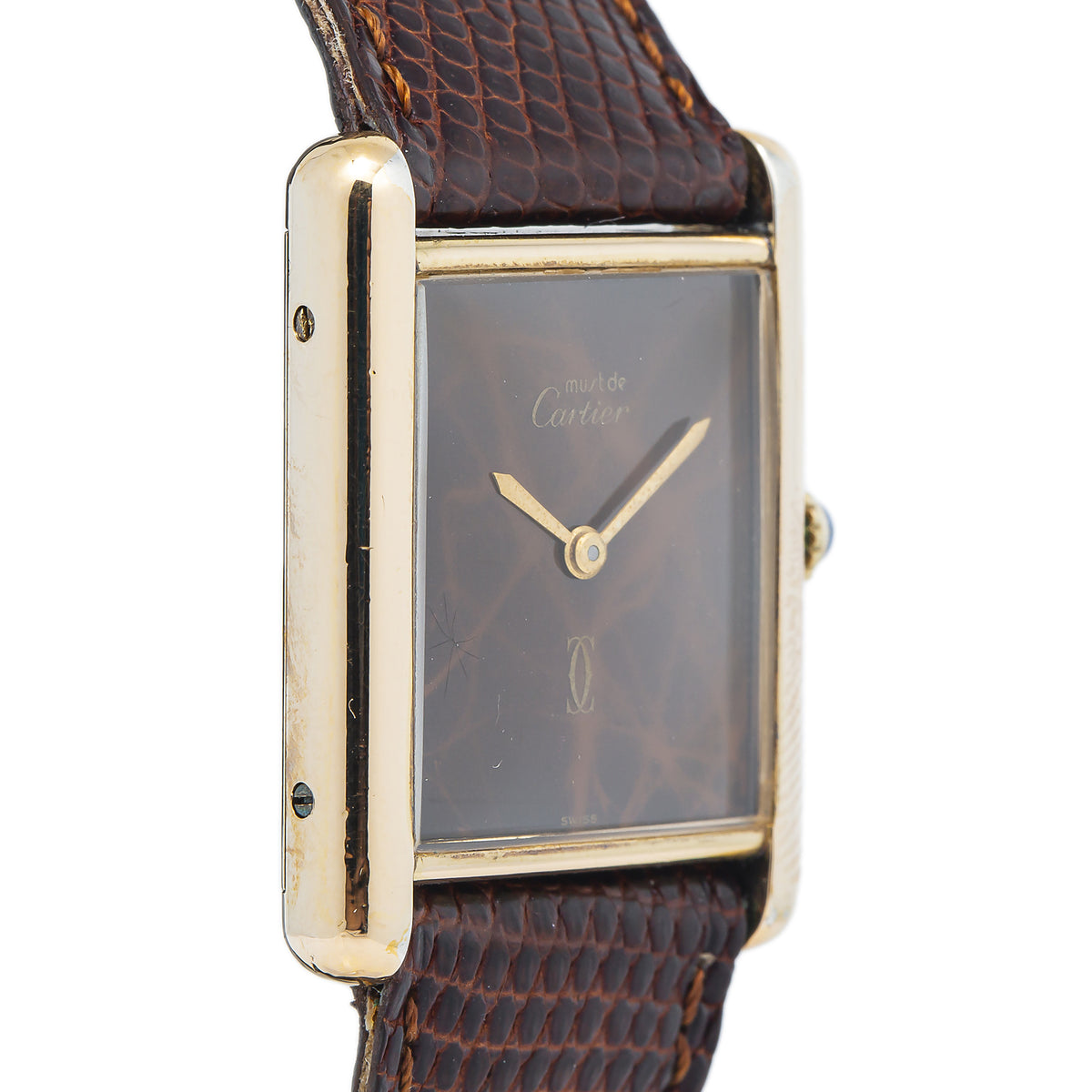 Cartier Tank Vintage Mens Mechanical Watch Wood Dial 925 Gold Plated 23x30mm