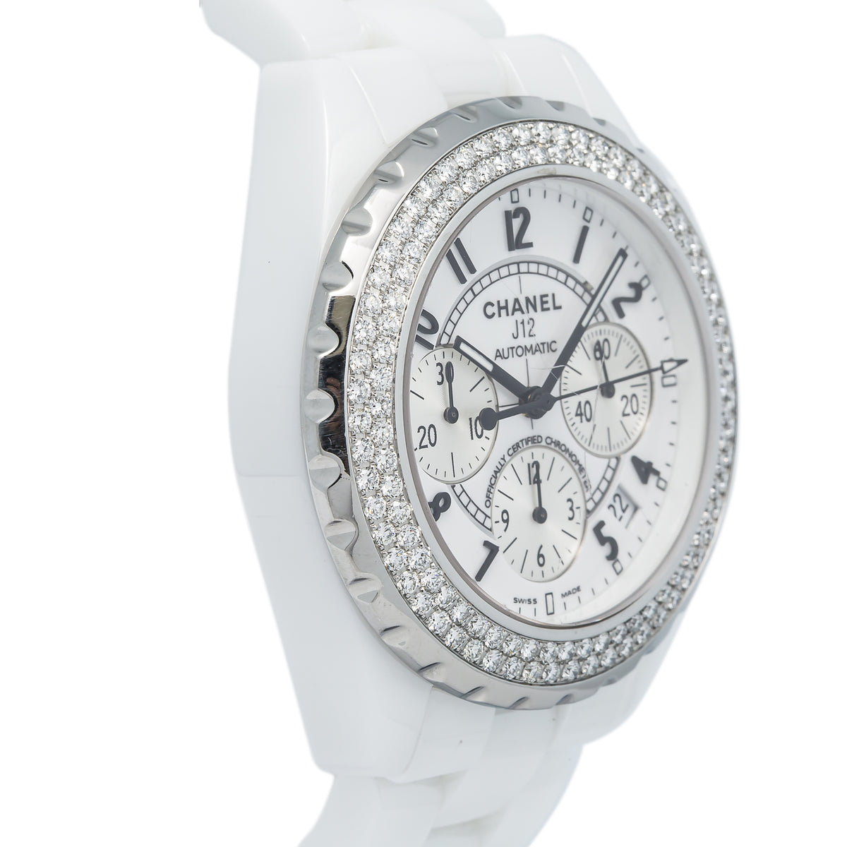 Chanel J12 H1008 Automatic Ceramic White Dial Diamond Bezel Ladies Watch 41mm