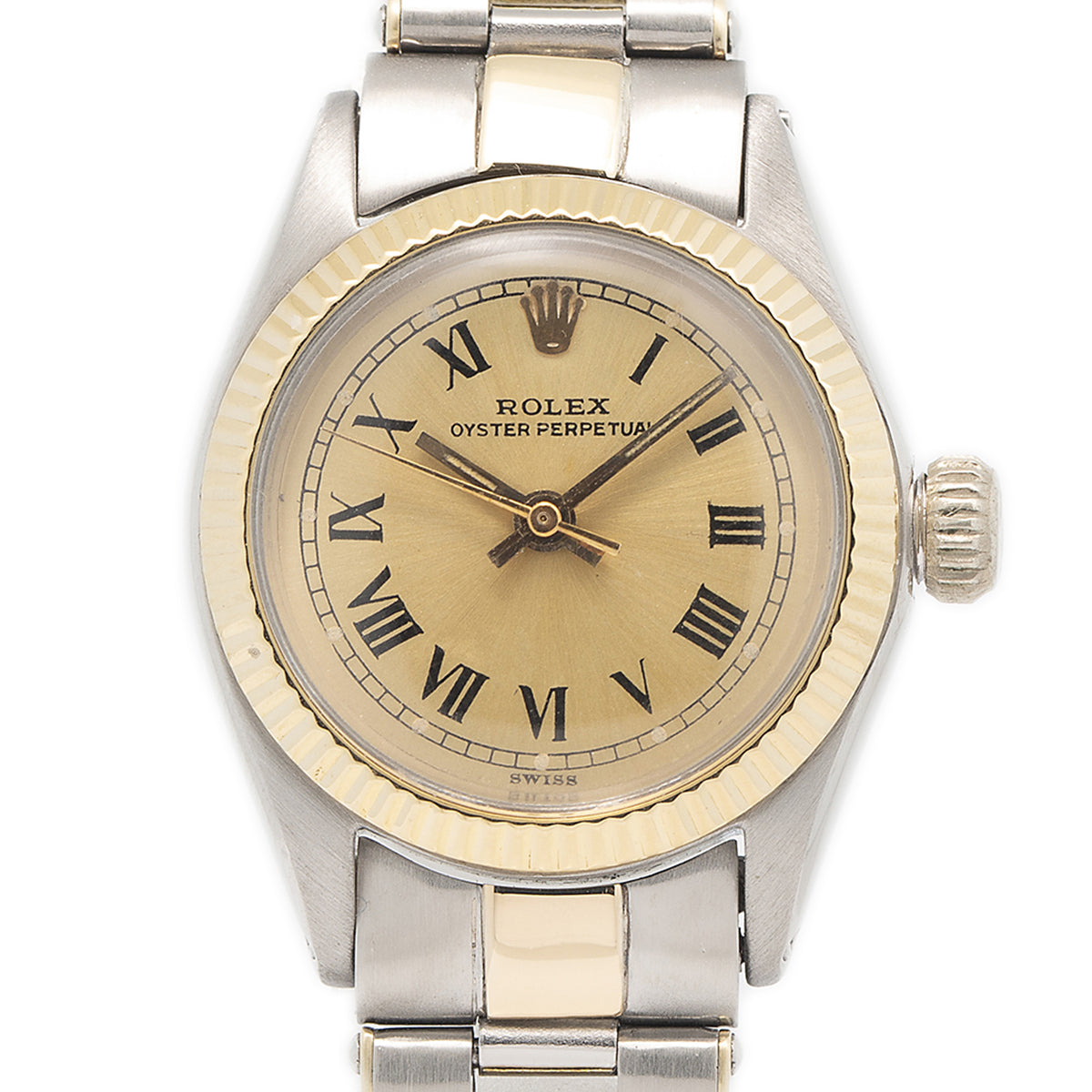 Rolex Oyster Perpetual 6411 18k Yellow Two Tone Rivet Champagne Dial Ladies 25mm