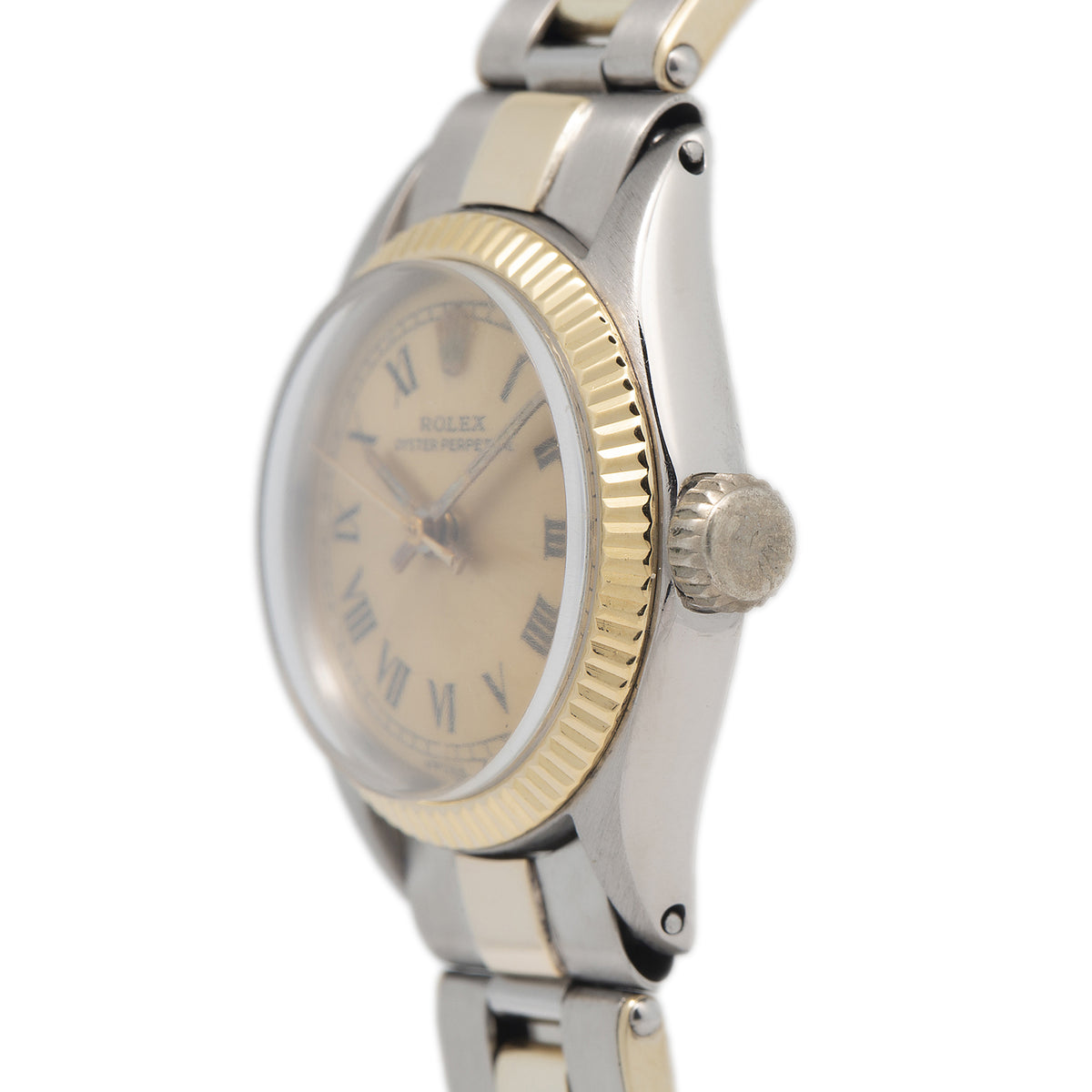 Rolex Oyster Perpetual 6411 18k Yellow Two Tone Rivet Champagne Dial Ladies 25mm