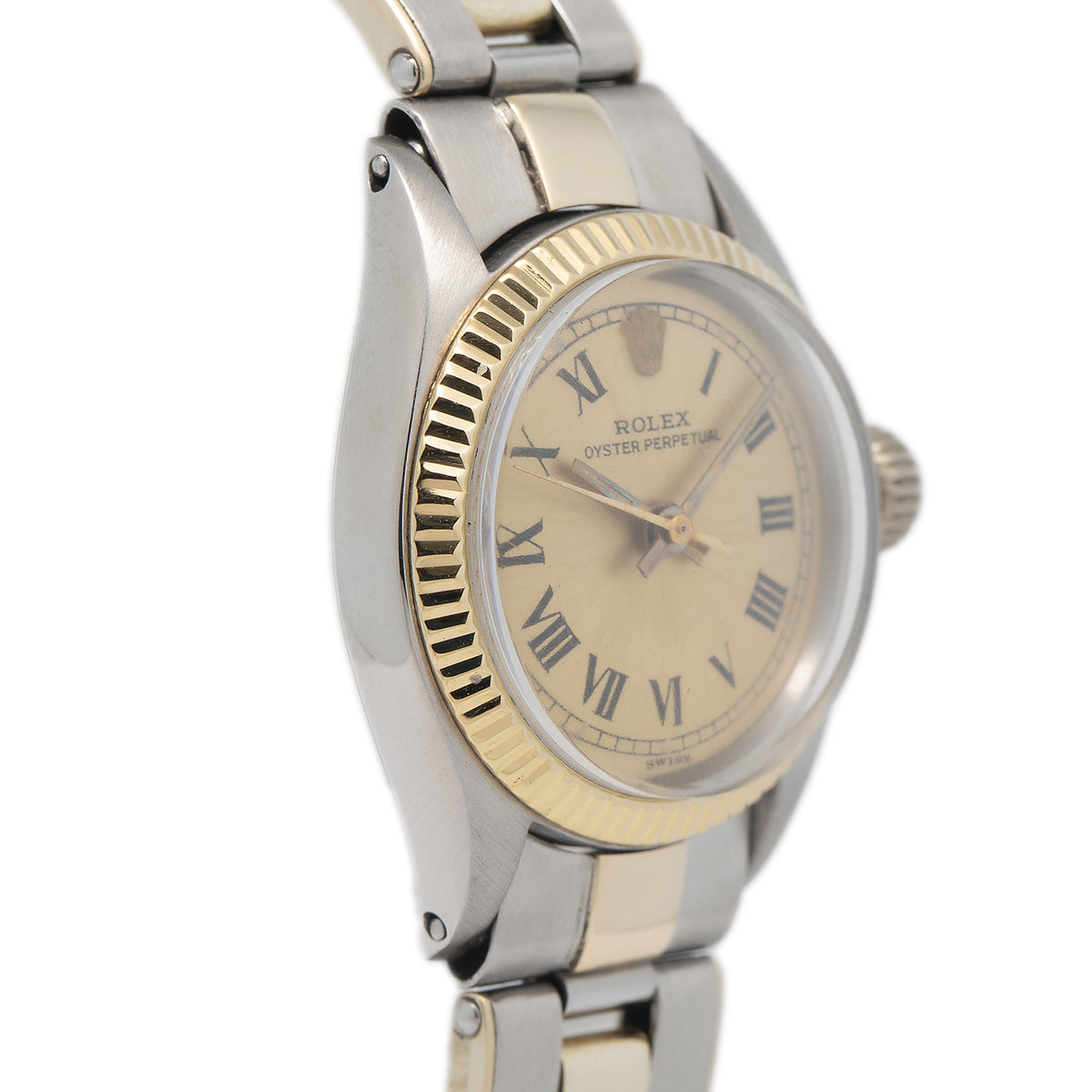 Rolex Oyster Perpetual 6411 18k Yellow Two Tone Rivet Champagne Dial Ladies 25mm