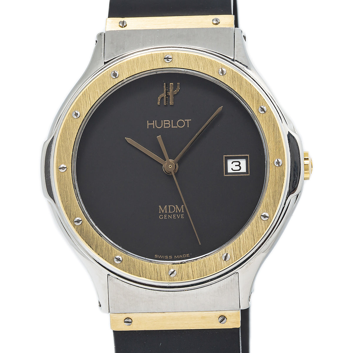 Hublot Classic MDM 1521.22 18k Yellow Gold & SS Black Dial Quartz Watch 36mm