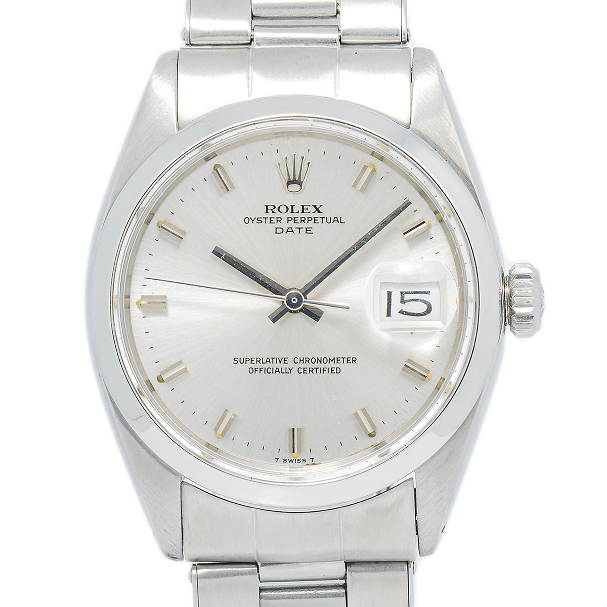 Rolex Oyster Perpetual Date 1500 Oyster Auto SS Silver Index Dial Men Watch 34mm