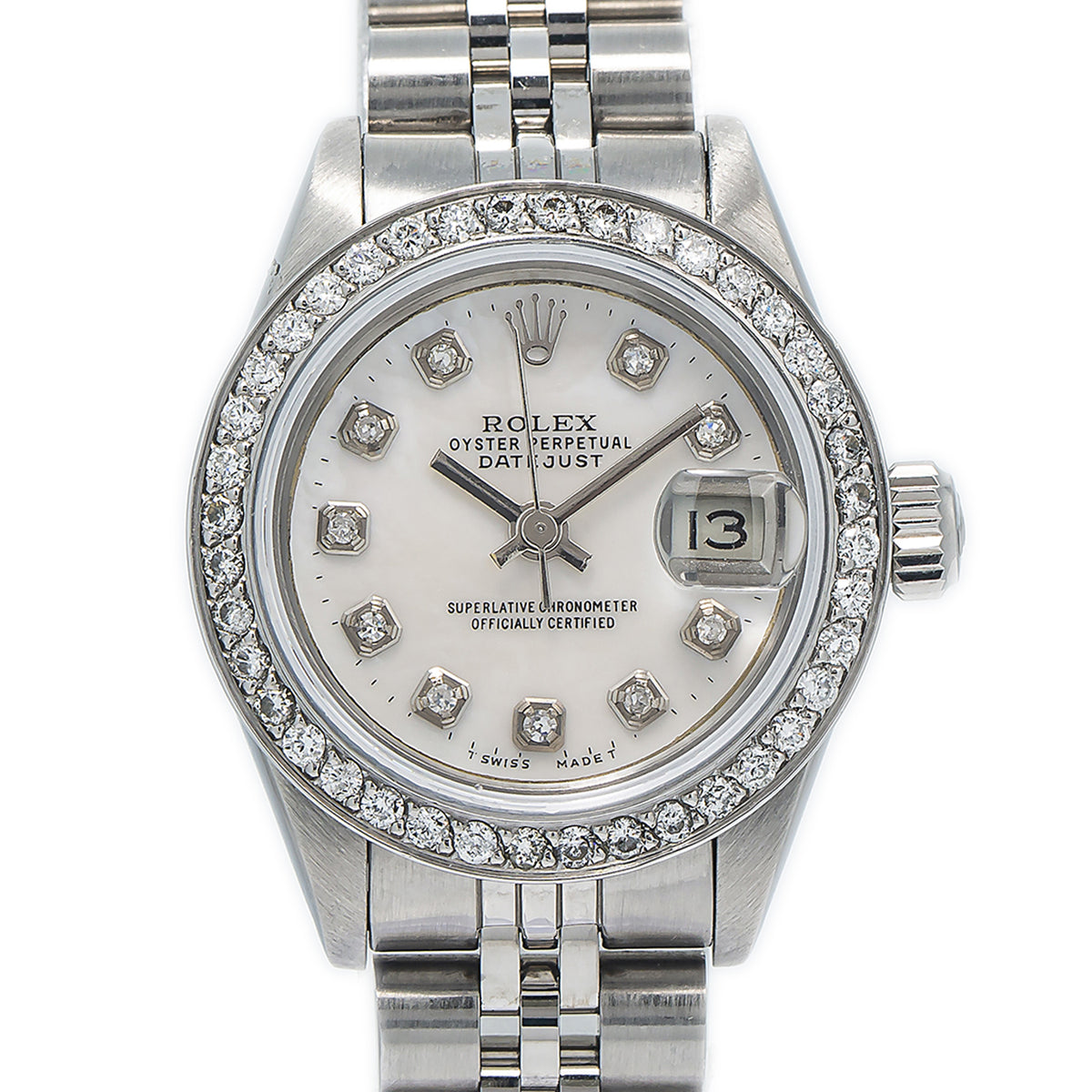 Rolex Date 69160 Jubilee SS MOP Diamond Bezel Index Dial Auto Ladies Watch 26mm