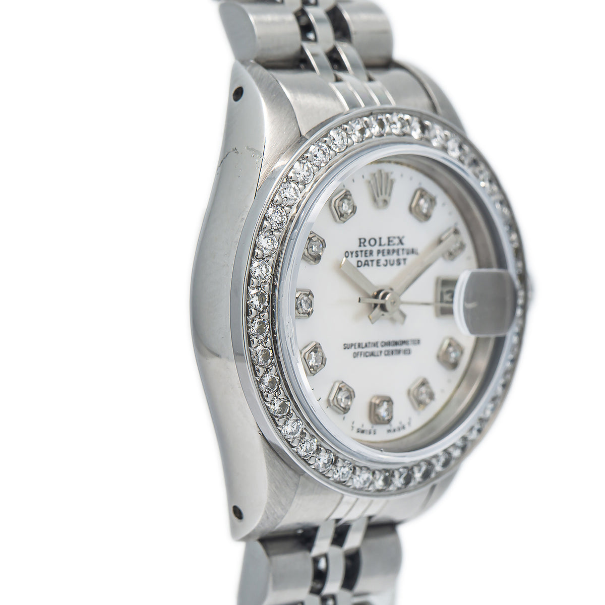 Rolex Date 69160 Jubilee SS MOP Diamond Bezel Index Dial Auto Ladies Watch 26mm