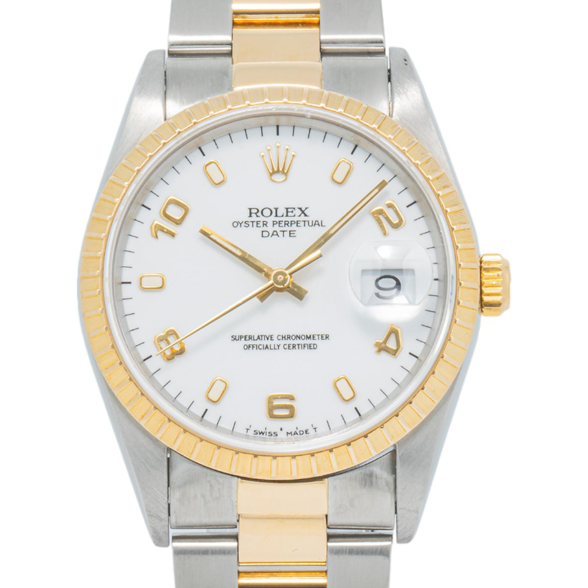 Rolex Date 15223 18K Yellow Gold Two Tone White Dial Automatic Men's Watch 34mm