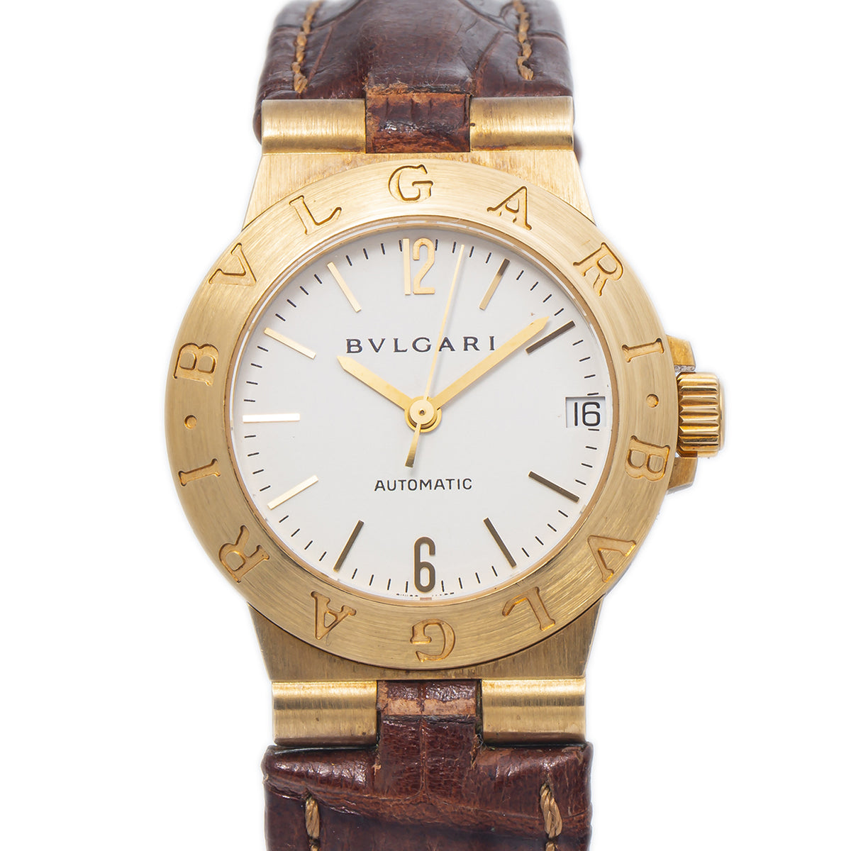 Bvlgari Diagono LCV29G 18k Yellow Gold White Dial Leather Auto Unisex Watch 26mm