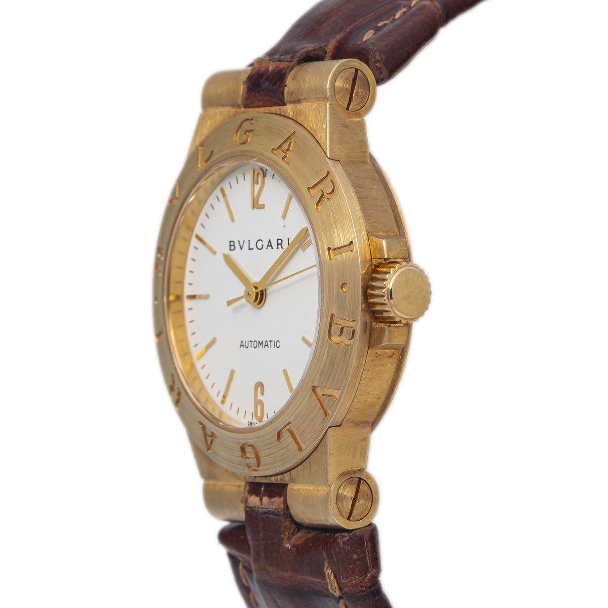 Bvlgari Diagono LCV29G 18k Yellow Gold White Dial Leather Auto Unisex Watch 26mm